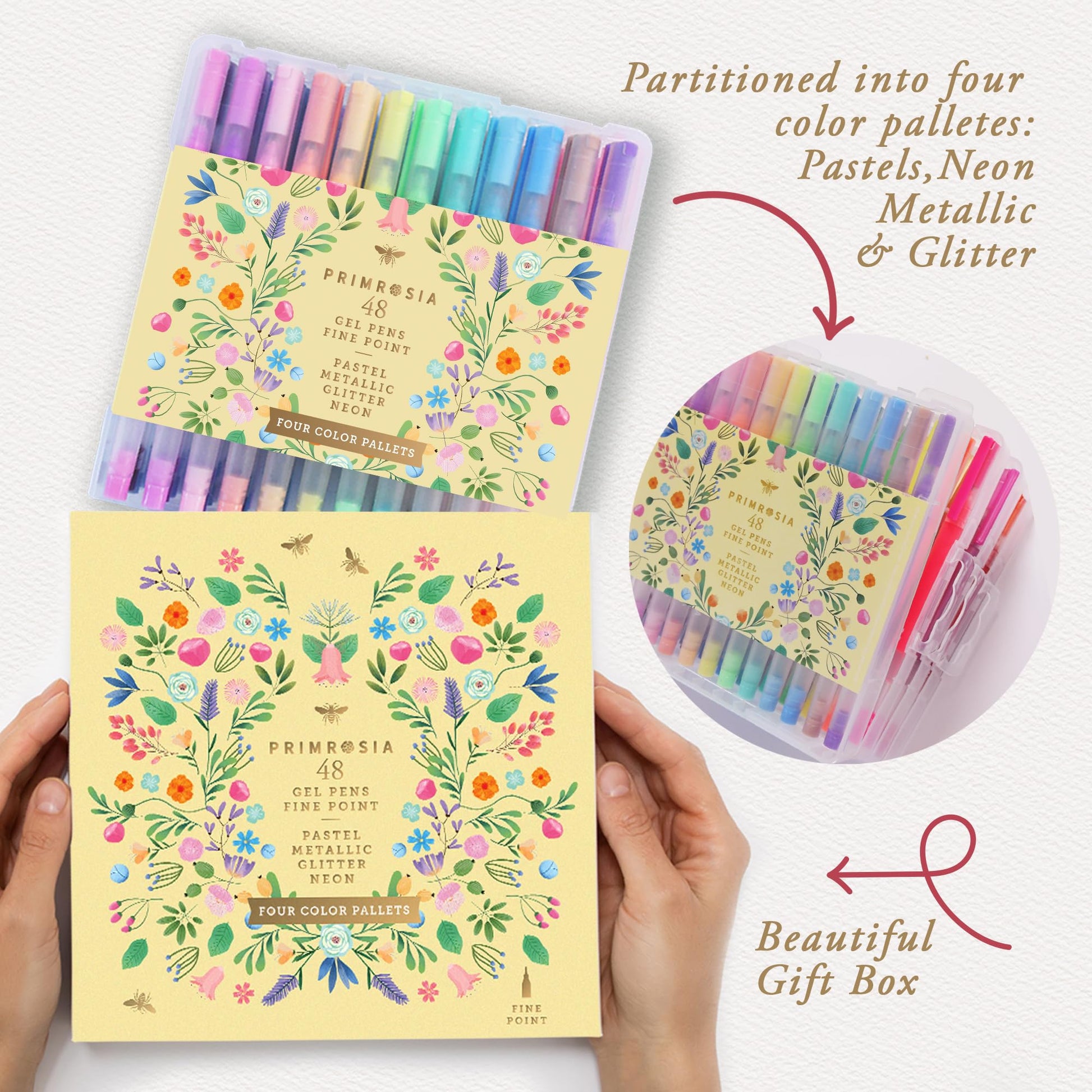 Primrosia 48 Gel Pens, inc. Metallic, Pastel, Glitter & Flourescent for Adult Coloring Book & Dot