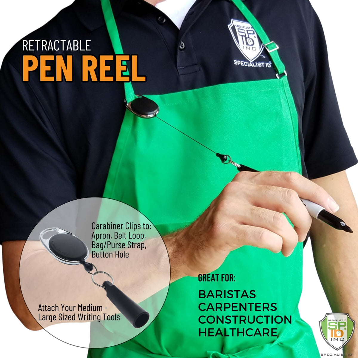 Reel-N-Rite 5 Pack - Retractable Pen Reel for Thick Markers & Carpenter Pencils - Carabiner Clip