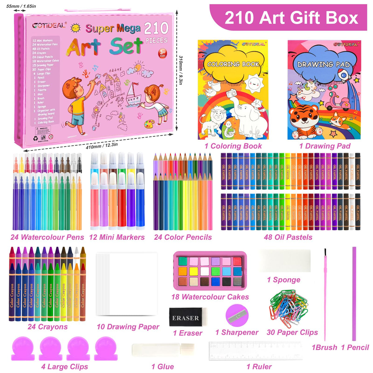 GOTIDEAL Art Supplies, Kids Art Set, 210 PCS Art Kit, Age 6-12, Pink