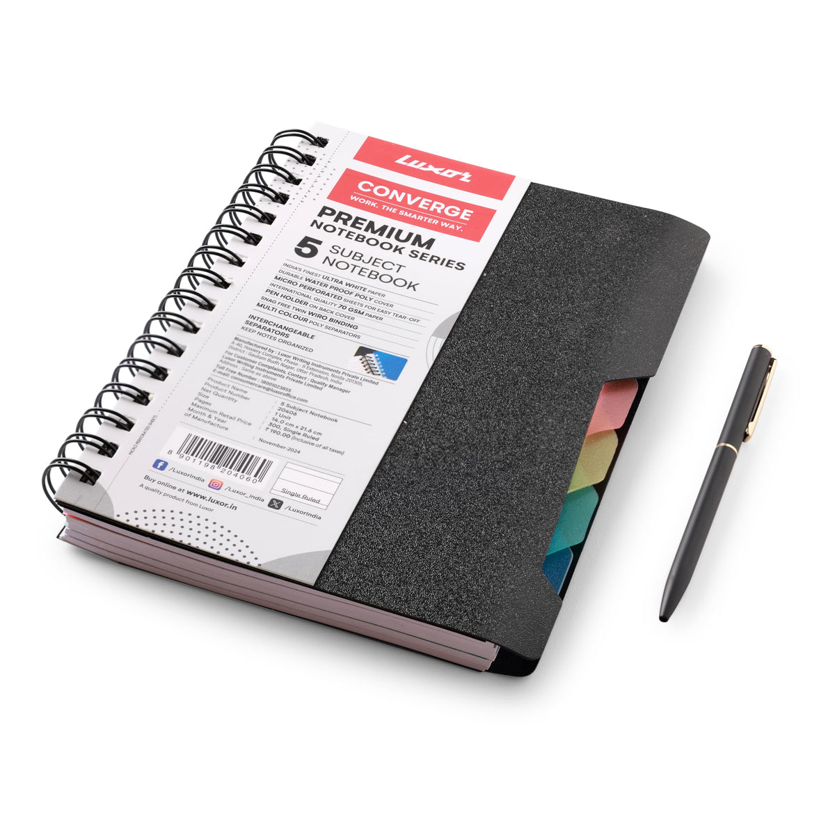 Luxor 5 Subject Single Ruled Notebook - A5 Size, 70 GSM, 300 Pages