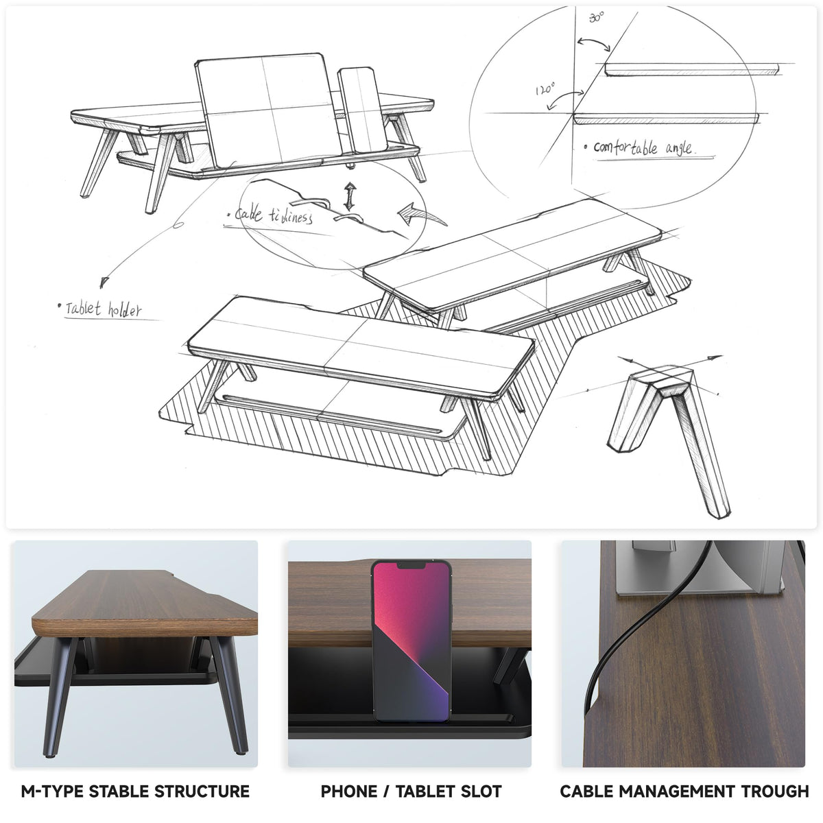 Fenge Monitor Stand Riser, Wooden Desk Shelf with 2-Tier Storage