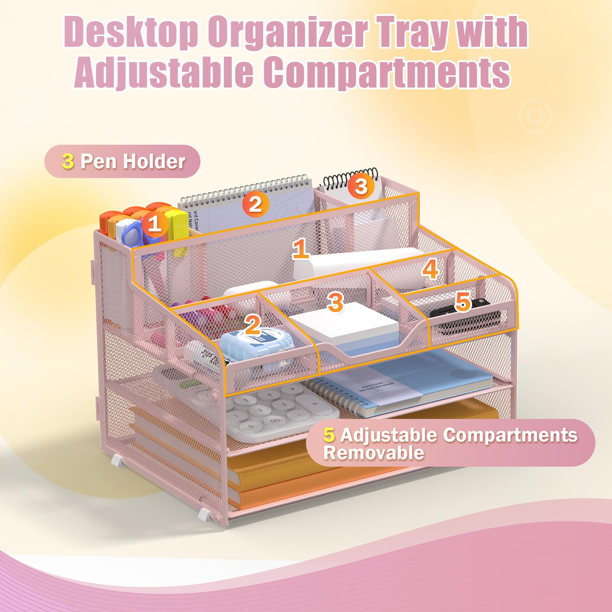 Docnest 3 Tier Mesh Desk Organizer with Letter Tray & Paper Sorter, Pink