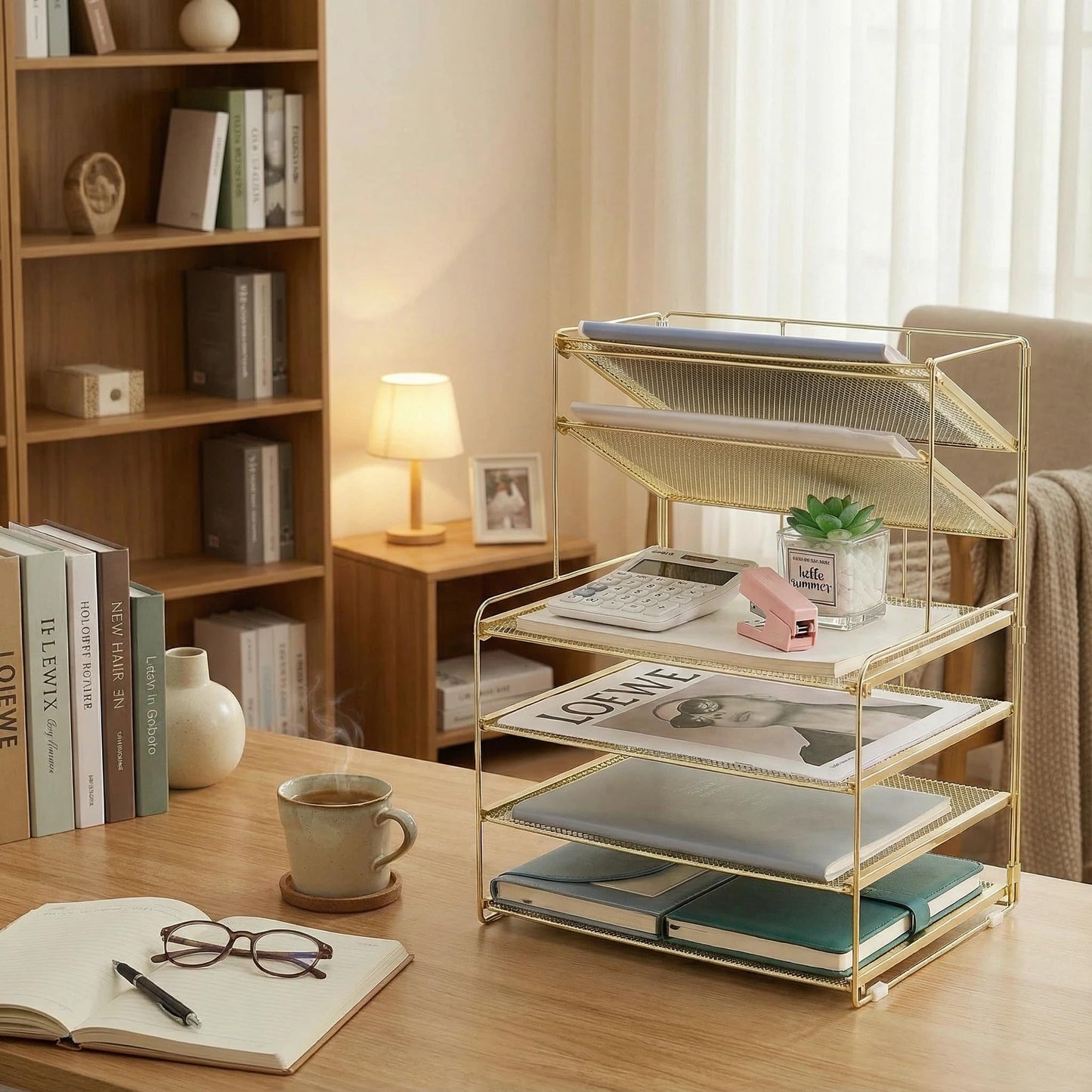 OPNICE Desk Organizer, 6-Tier Paper Organizer Letter Tray, Gold