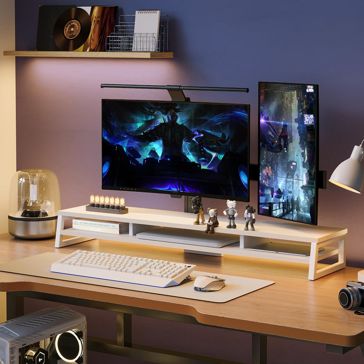 Fenge Dual Monitor Riser for Desk, Open Shelf with 3 Storage Compartments