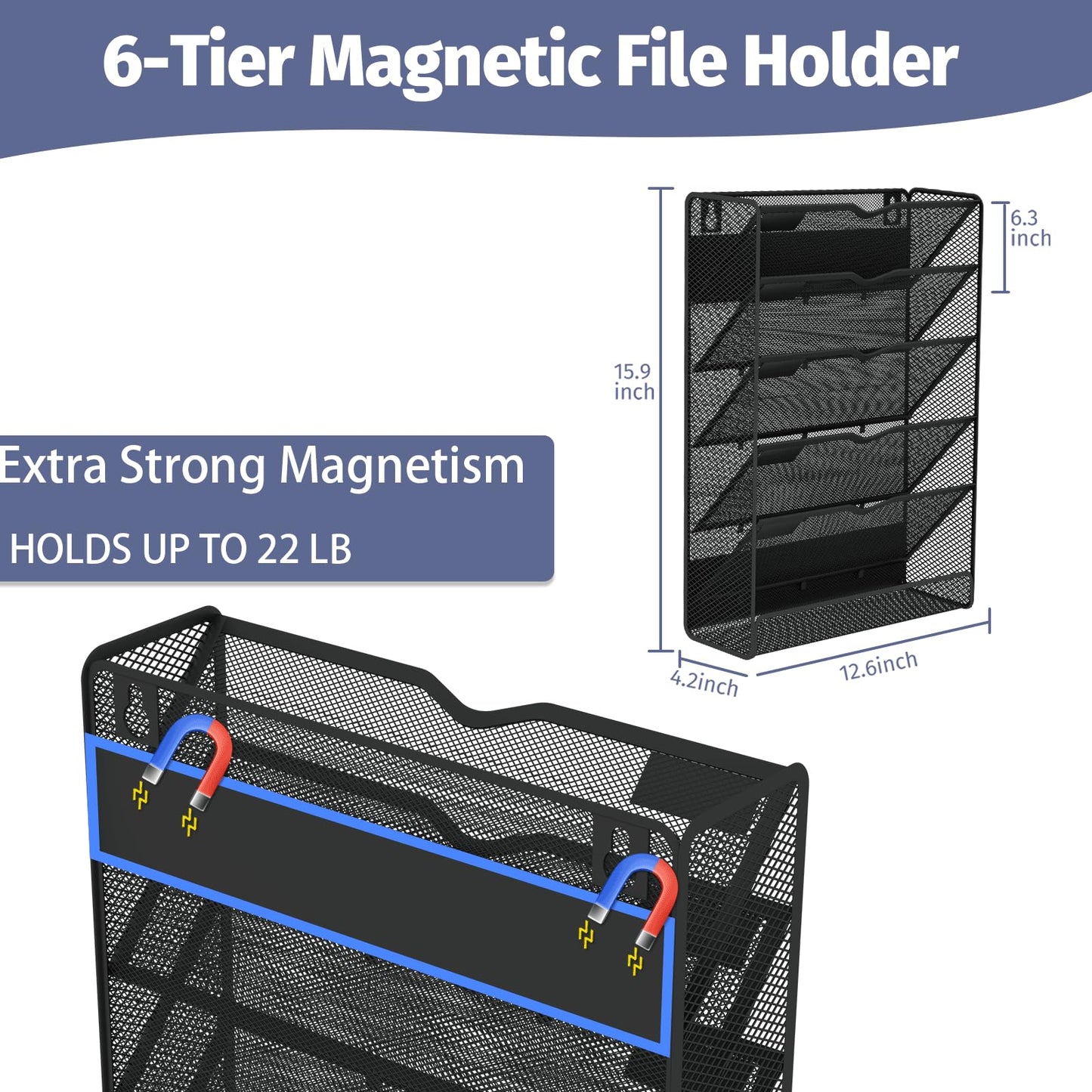 Ounyoizs 6-Tier Magnetic File Holder, Large Capacity File Cabinet Organizer, No-Drill Mount Hanging