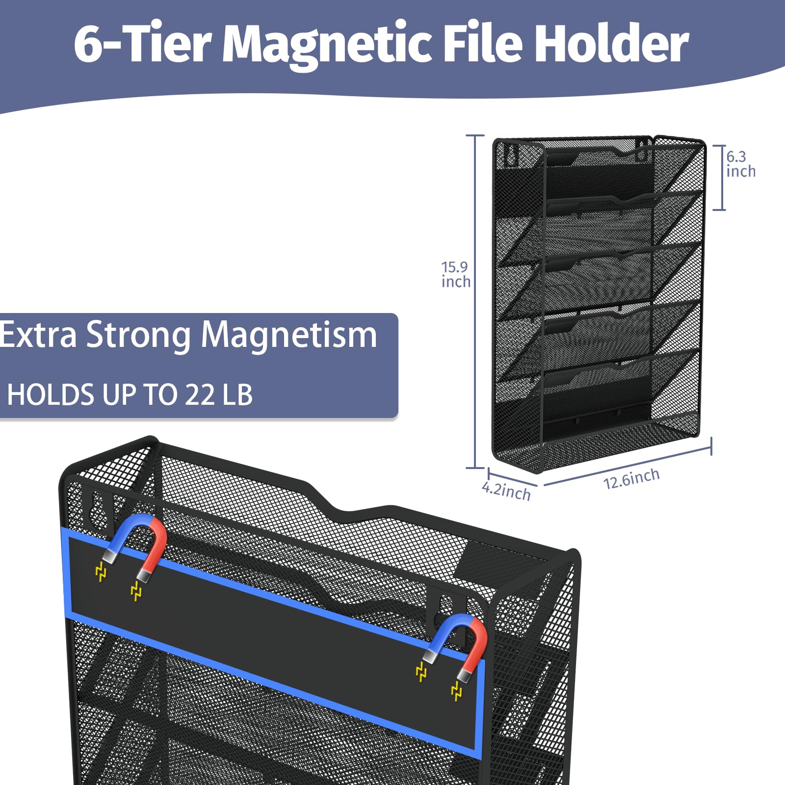 Ounyoizs 6-Tier Magnetic File Holder, Large Capacity File Cabinet Organizer, No-Drill Mount Hanging