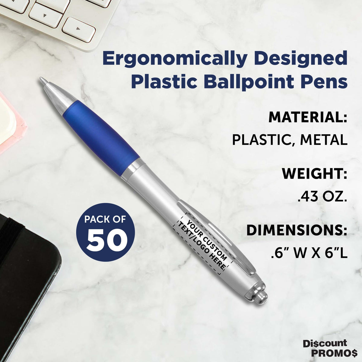 Personalized Ballpoint Pens with Rubber Grip and Click Button, Pack of 50 by DISCOUNT PROMOS