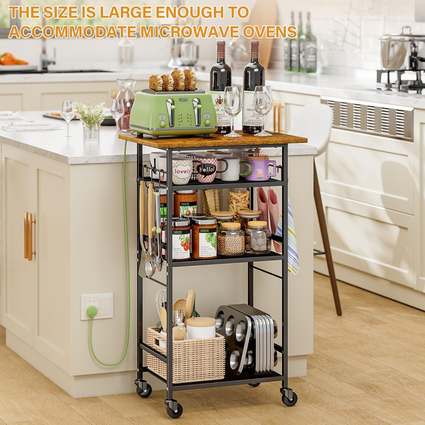 ThreeHio Rolling Kitchen Microwave Cart, 4 Tier Microwave Table Stand with Storage, Kitchen Storage