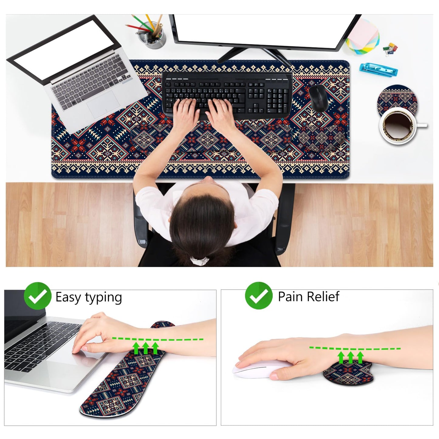 AIMSA Desk Mat Set Bohemian, Large Mouse Pad + Mouse Wrist Rest + Keyboard Wrist Support + Coaster