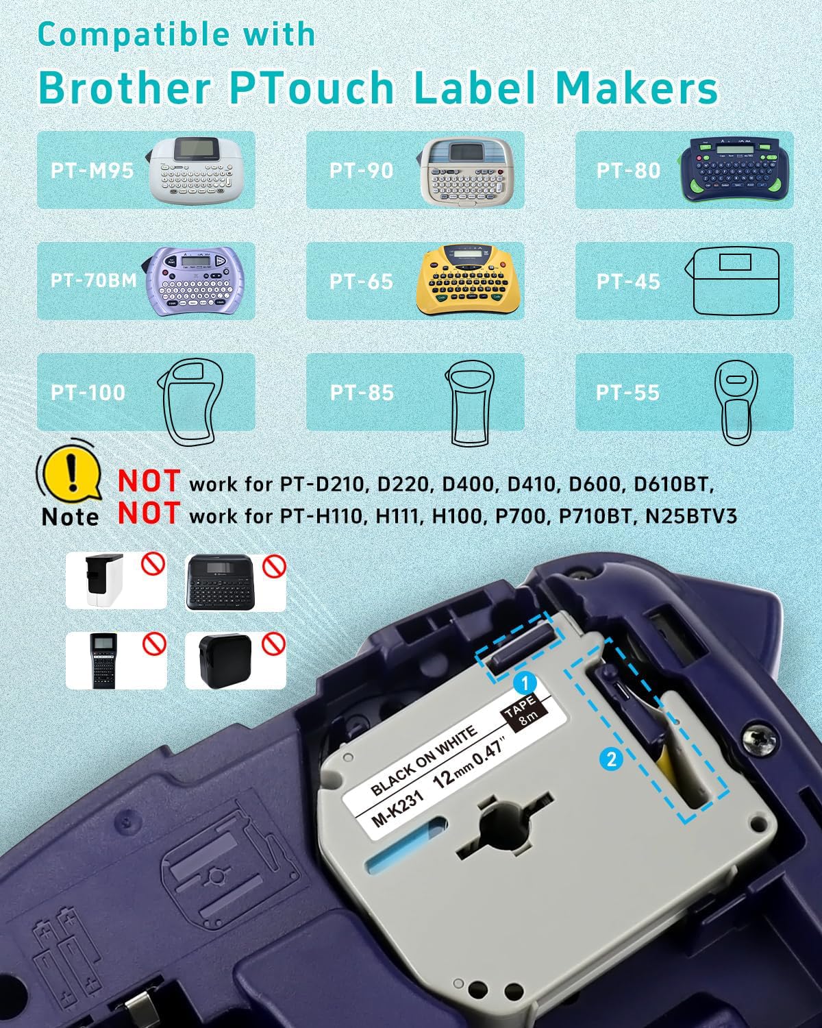Womiten M-K231 M Tape 12mm 0.47 White Replace for Brother Ptouch Label Tape