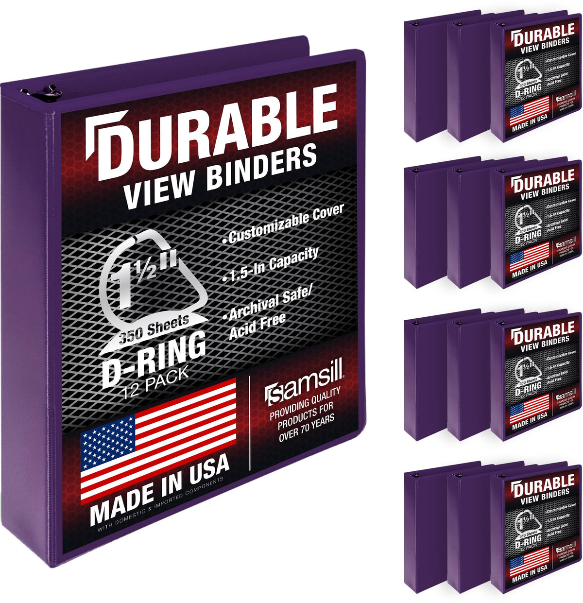 Samsill Durable 1.5 inch 3 Ring Binder, D Ring Binder, 100% Recycled Chipboard, Purple, 12 Pack