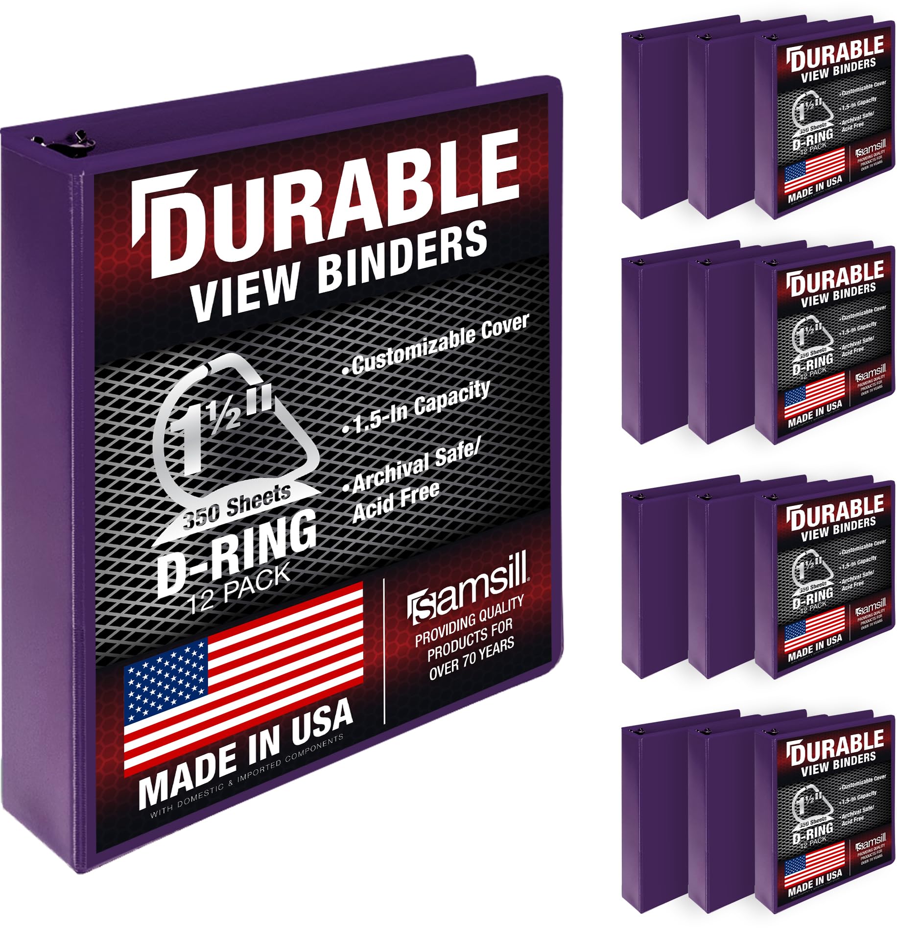 Samsill Durable 1.5 inch 3 Ring Binder, D Ring Binder, 100% Recycled Chipboard, Purple, 12 Pack