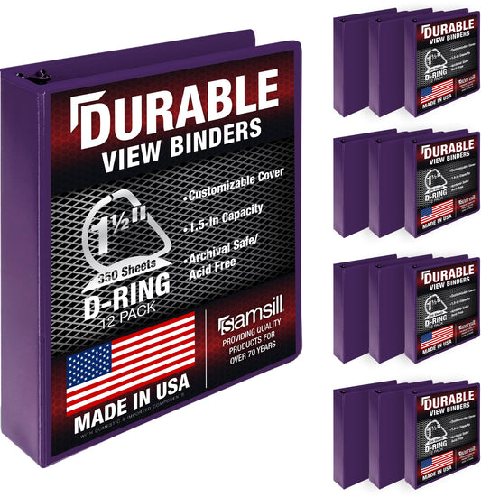 Samsill Durable 1.5 inch 3 Ring Binder, D Ring Binder, 100% Recycled Chipboard, Purple, 12 Pack