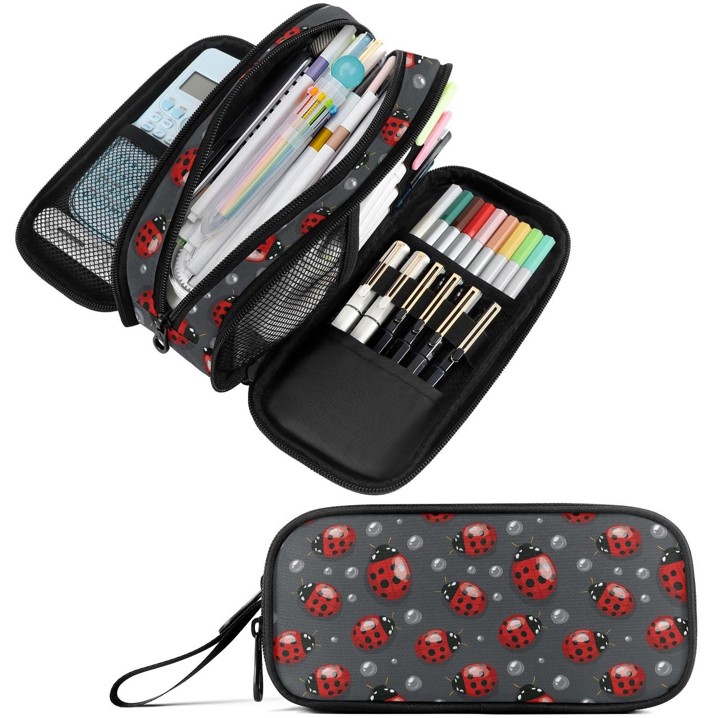 Fustylead Red Ladybugs Large Pencil Case, Minimalist Portable Stationery Bag Cosmetics Bag with