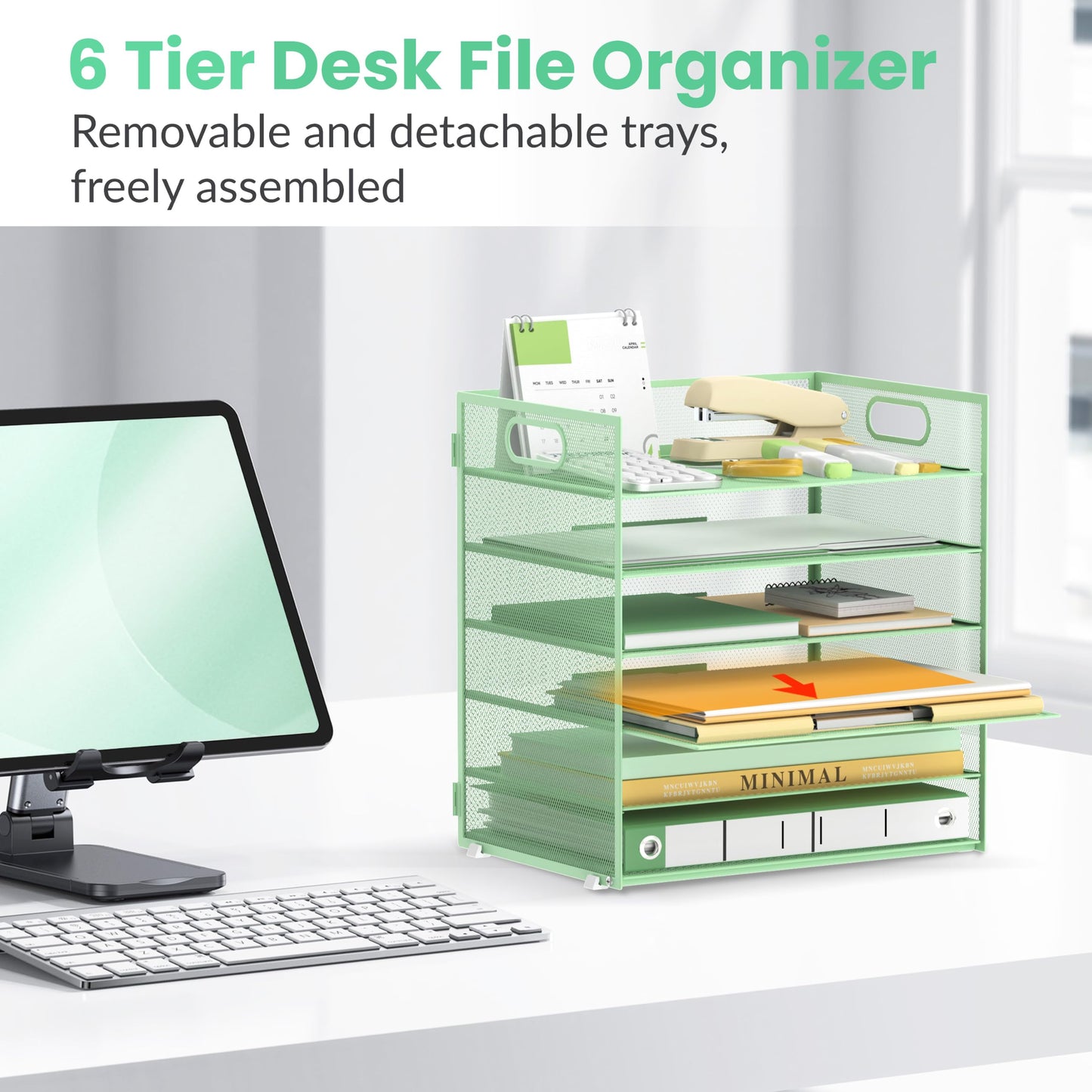 Daltack 6-Tier Paper Organizer for Desk with Handle, Green