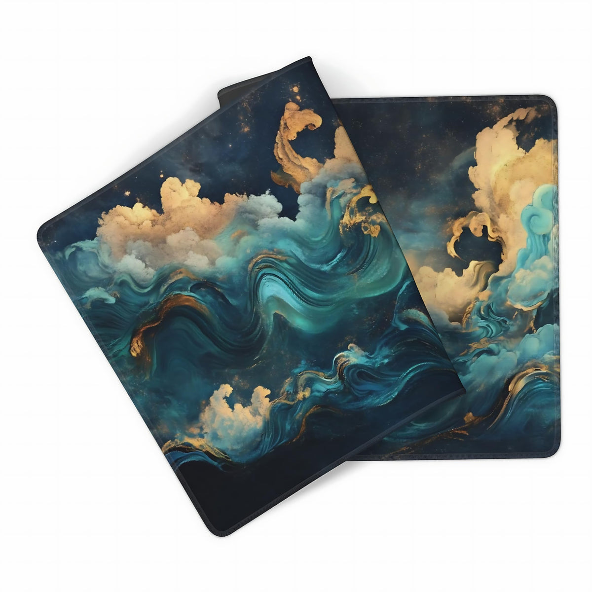 Aesthetic Cloud Gaming Mouse Pad, Deep Teal Ukiyo-e Desk Mat with Anti-Slip Base & Stitched