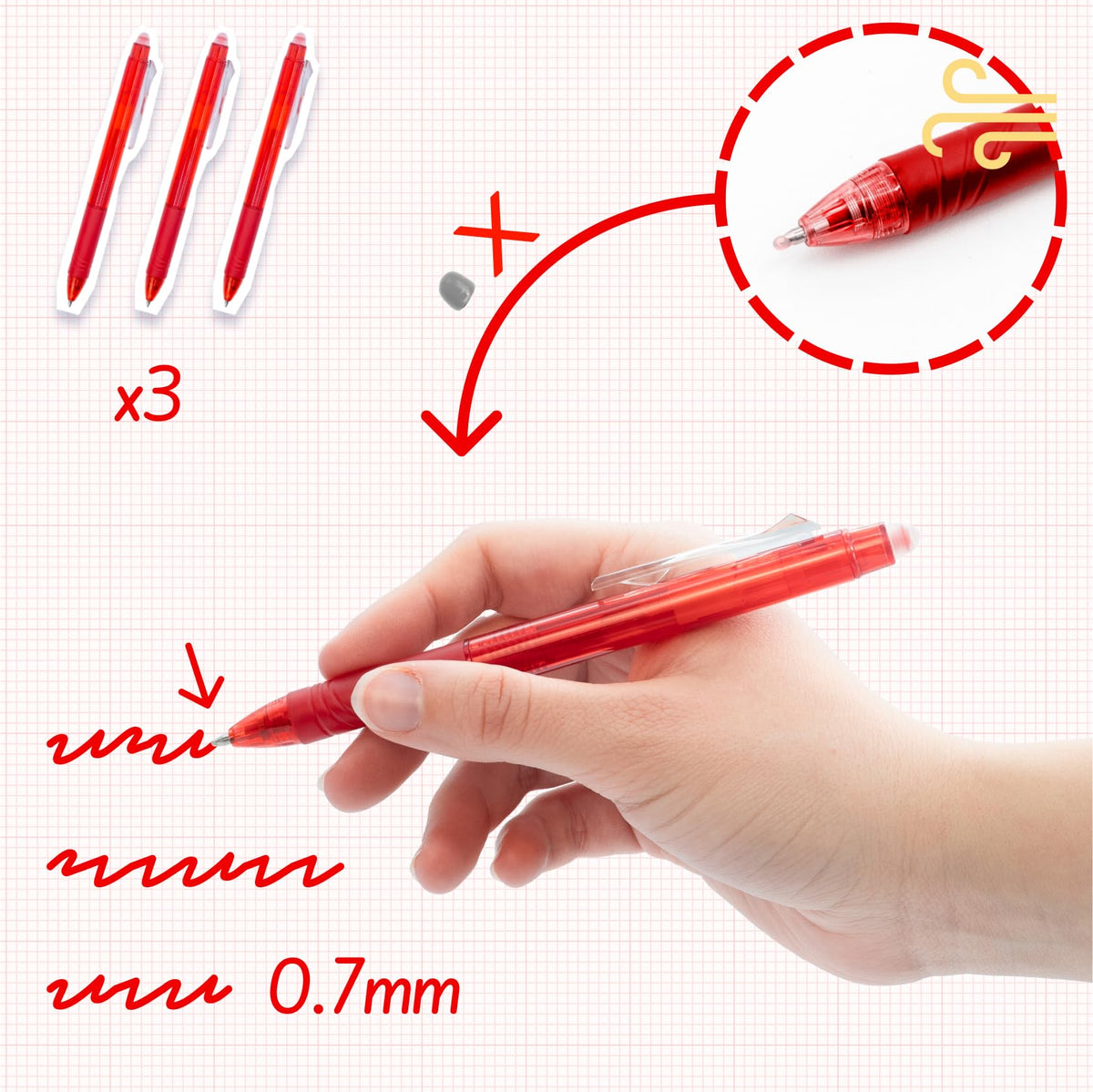 RAYLU PAPER® - Erasable Ballpoint Pen Gel Ink Red 1mm Tip and 0.7mm Line Width (3 Red)