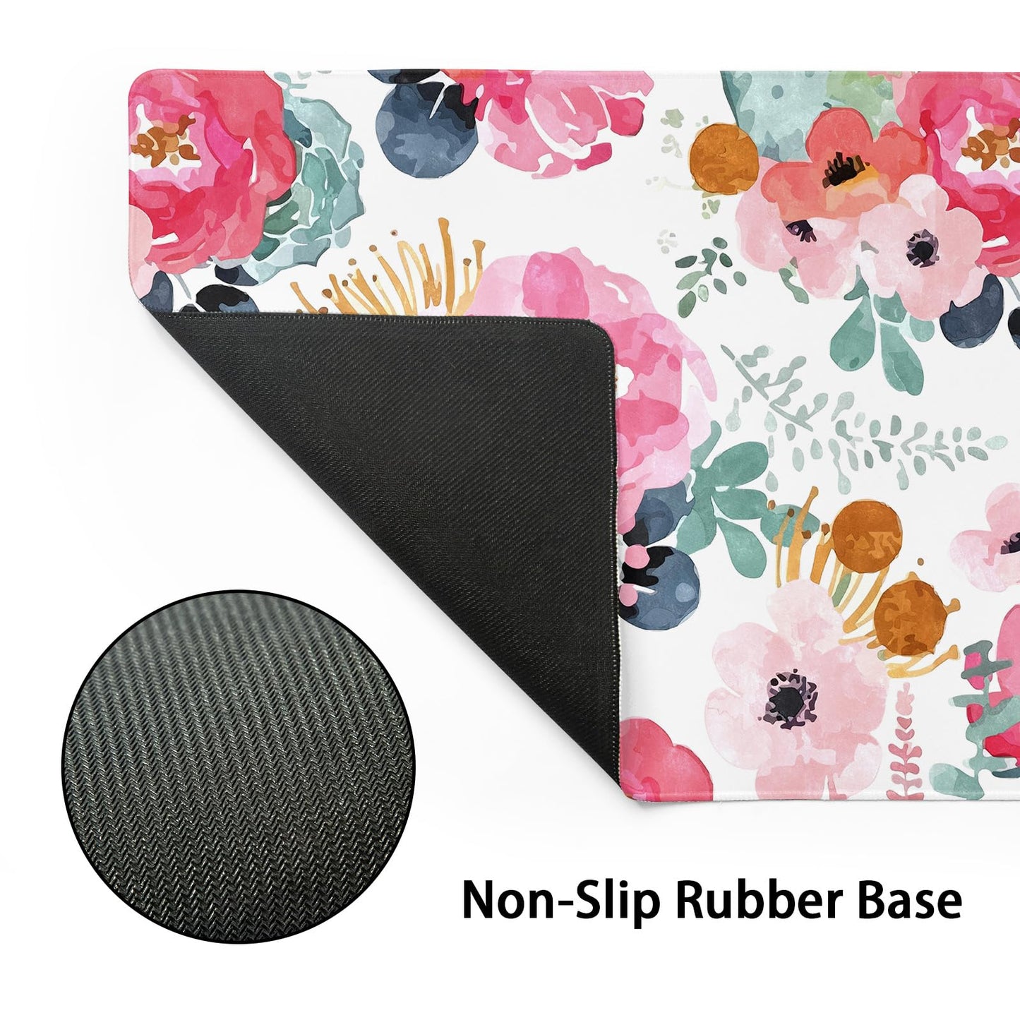 Pink Green Flowers Gaming Mouse Pad XXL Cute Watercolor Floral Pretty Extended Desk Pad Trendy