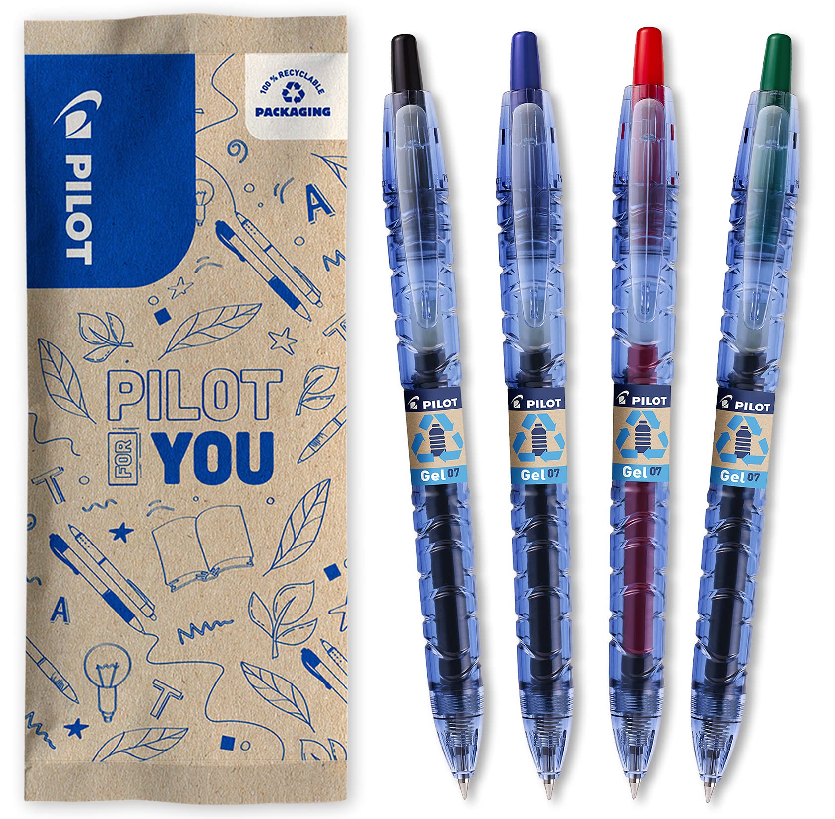 PILOT - Pack of 4 B2P GEL 0.7 - Gel ink roller ball pen - Medium - Begreen - Assorted colours