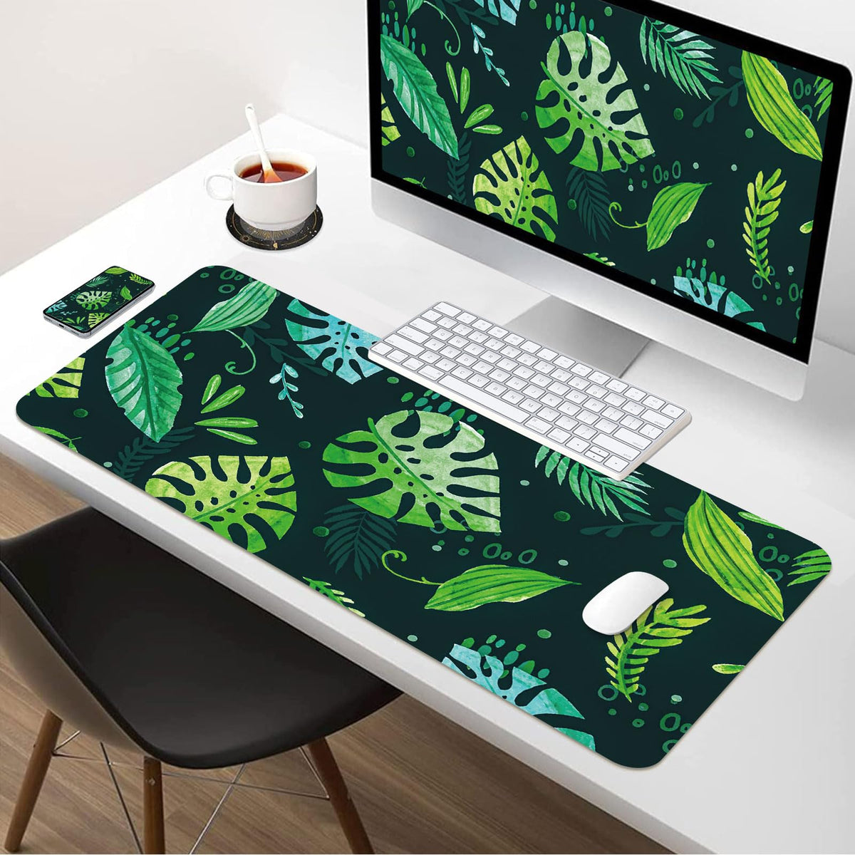 Green Desk Mat 35.4" x 15.7", Cute Plant Cool Desk Pad Keyboard Mat Flower Mouse Pad Green Desk Mat