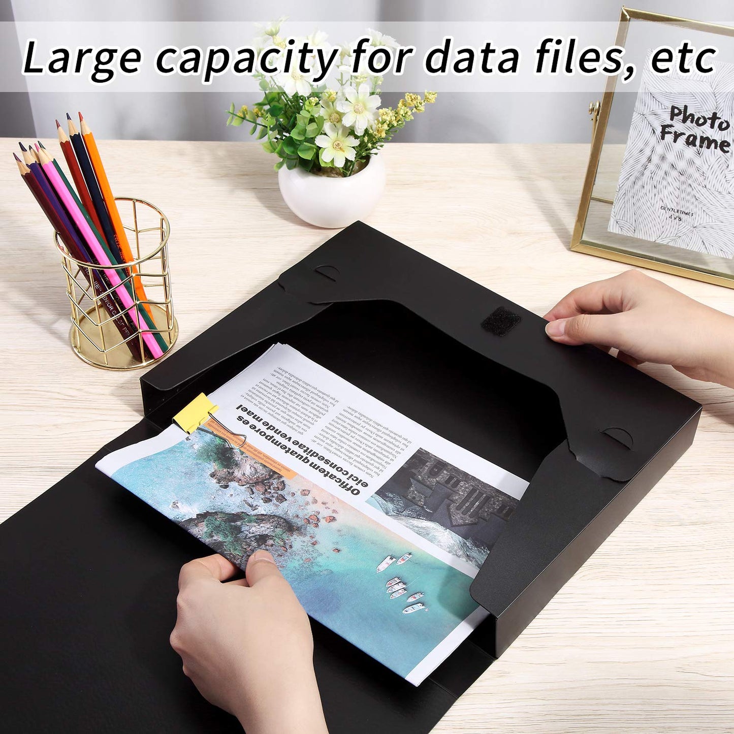 HUA JIE 4 Pack A4 Storage File Boxes Plastic Archives Cases with Lid,Black