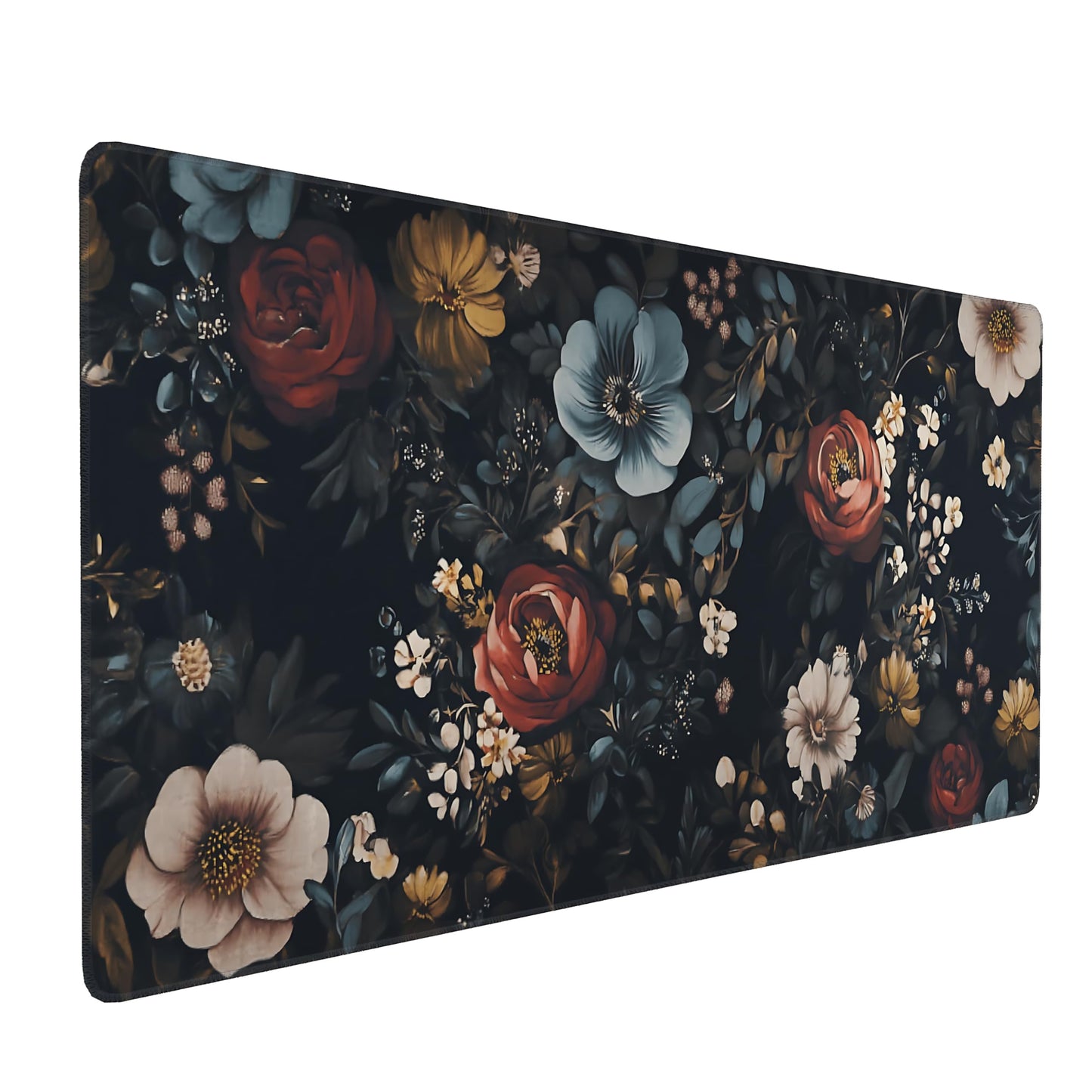 Floral Aesthetic Rose Gaming Mouse Pad, Black Dark Botanical Desk Mat with Anti-Slip Base &