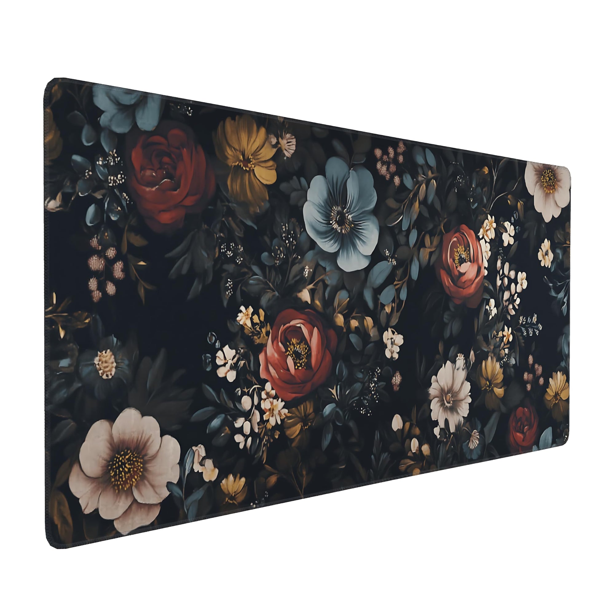 Floral Aesthetic Rose Gaming Mouse Pad, Black Dark Botanical Desk Mat with Anti-Slip Base &
