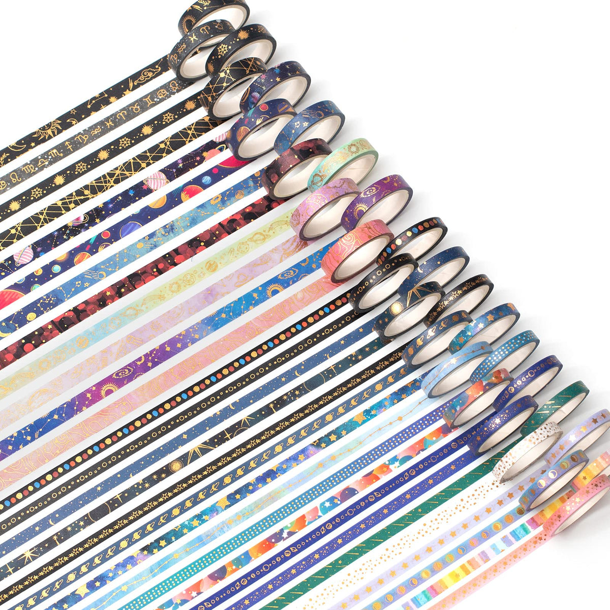 YUBX Skinny Galaxy Washi Tape Set 30 Rolls Gold Foil Decorative Starry Space Masking Tapes for