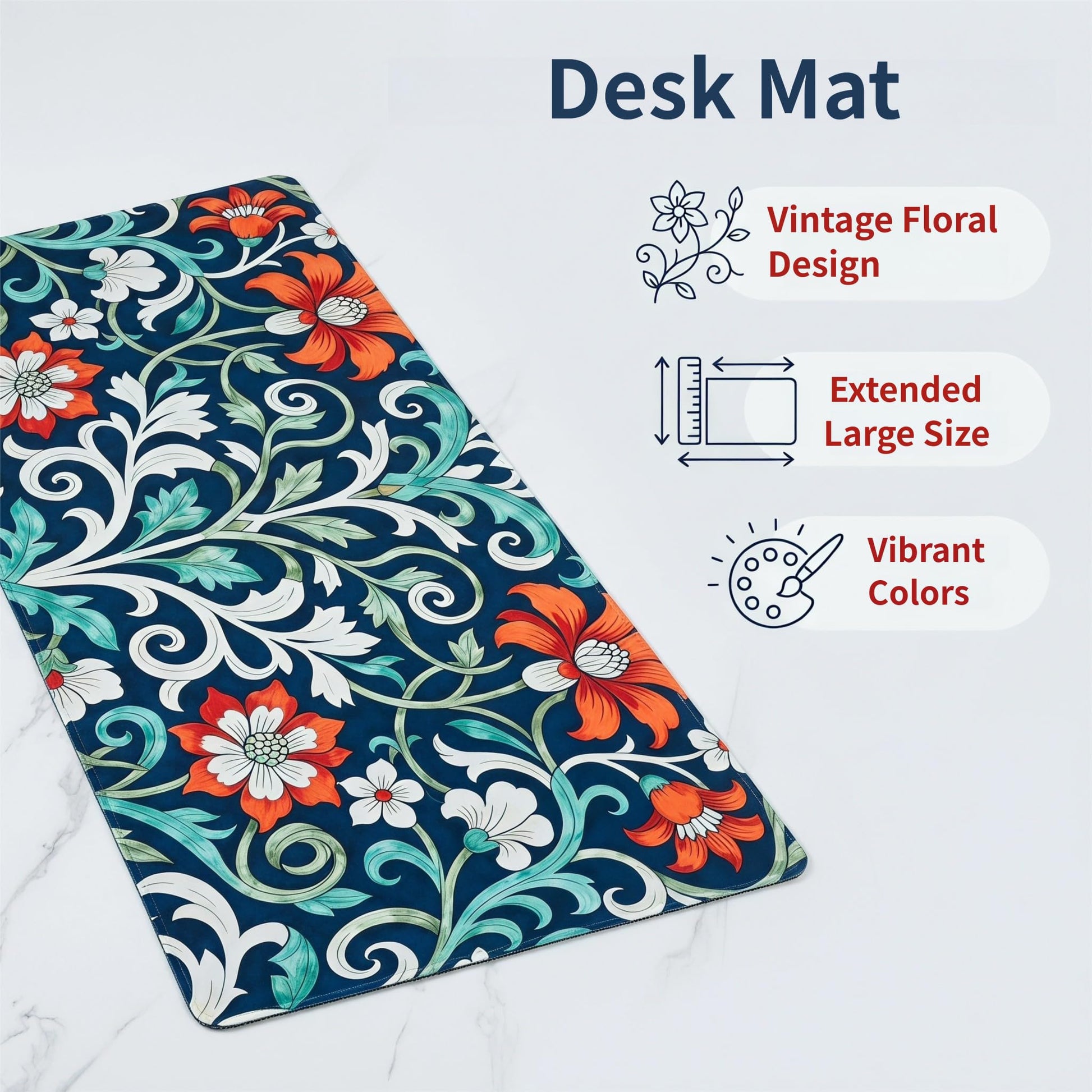 Gaming Mouse Pad, Large Floral Desk Mat 90 X 40CM (35.4”x15.7”), Vintage Flower Extended Gaming