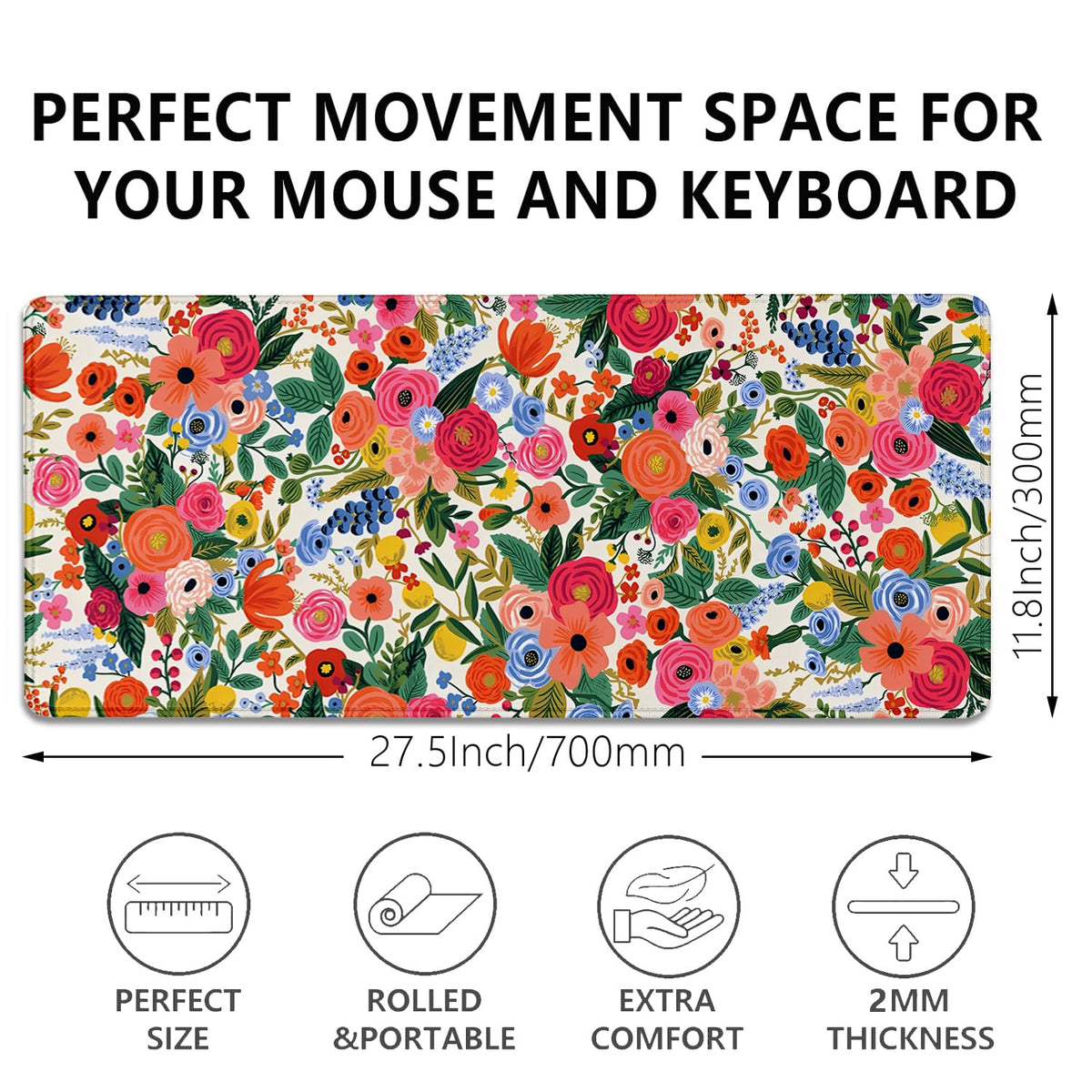 Garden Party Extended Desk Pad Flowers Mouse Pad,Gaming Desk Pad with Stitched Edges Non-Slip