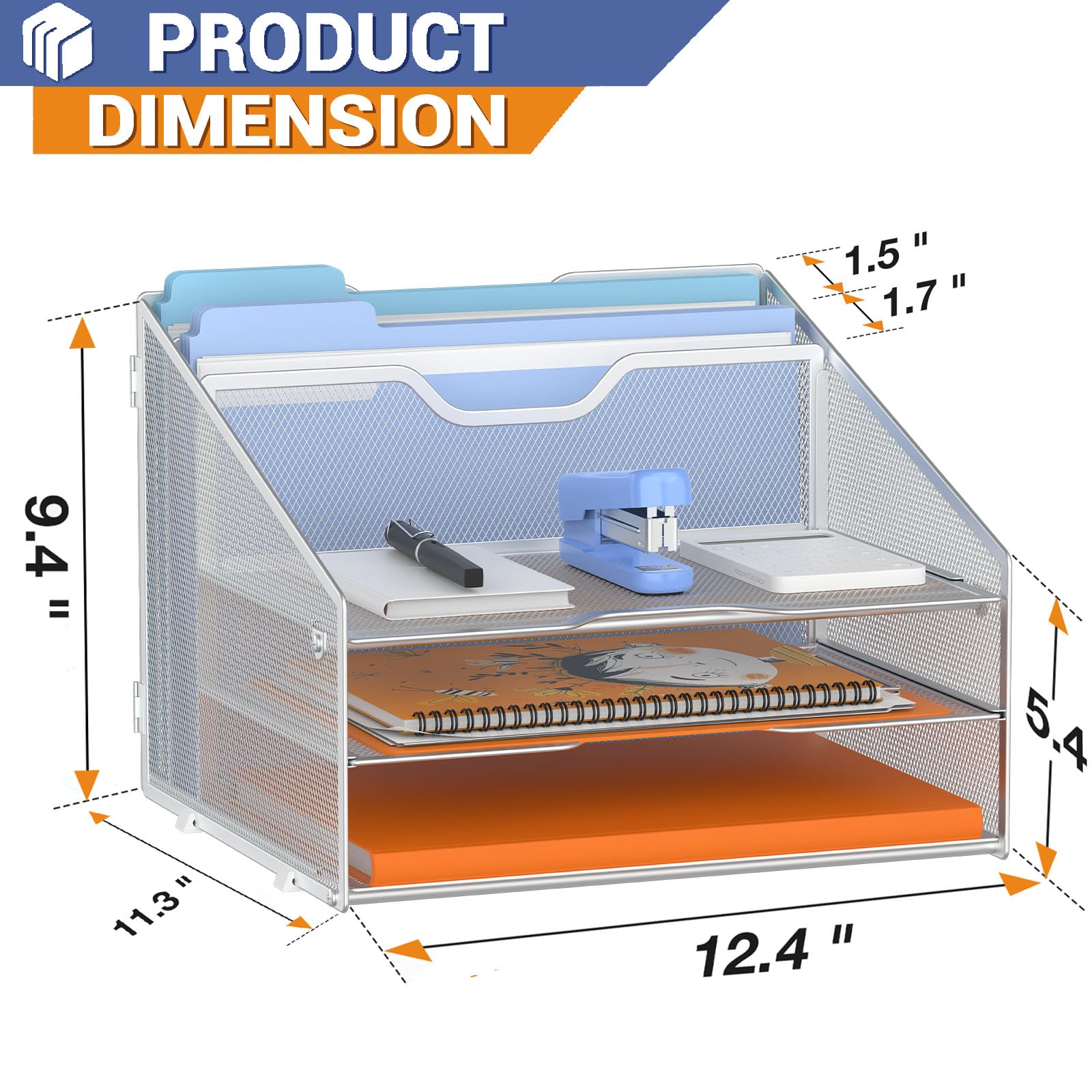 GAWERK Letter Tray Organizer, Mesh Desk File Organizer with 3 Paper Trays and 2 Vertical Upright