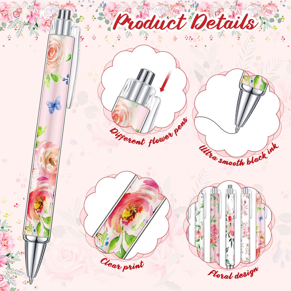 Cholemy 96 Pcs Flower Pens Bulk Retractable Ballpoint Pens Colorful Black Ink Gift for Party