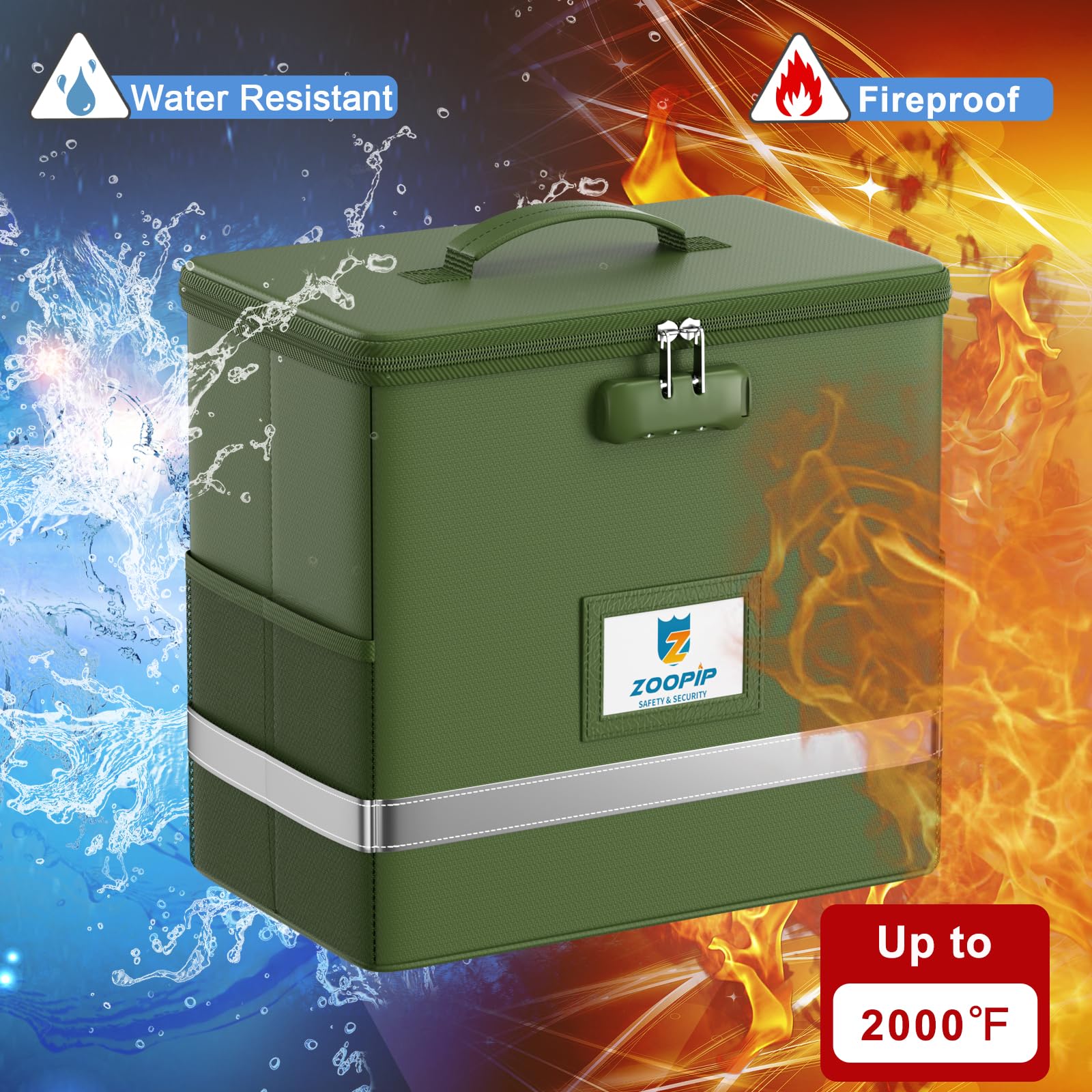 ZOOPIP Fireproof File Box with Lock, Collapsible Document Organizer, Green