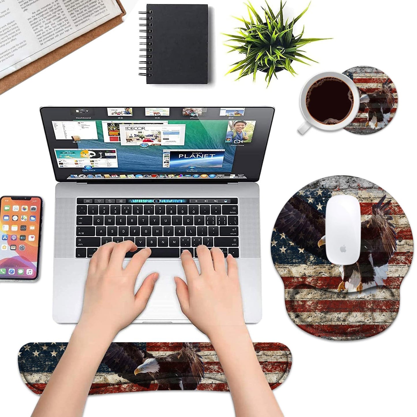 Keyboard Wrist Rest and Mouse Pad Wrist Support Set with Coasters, Non-Slip PU Base, Easy Typing