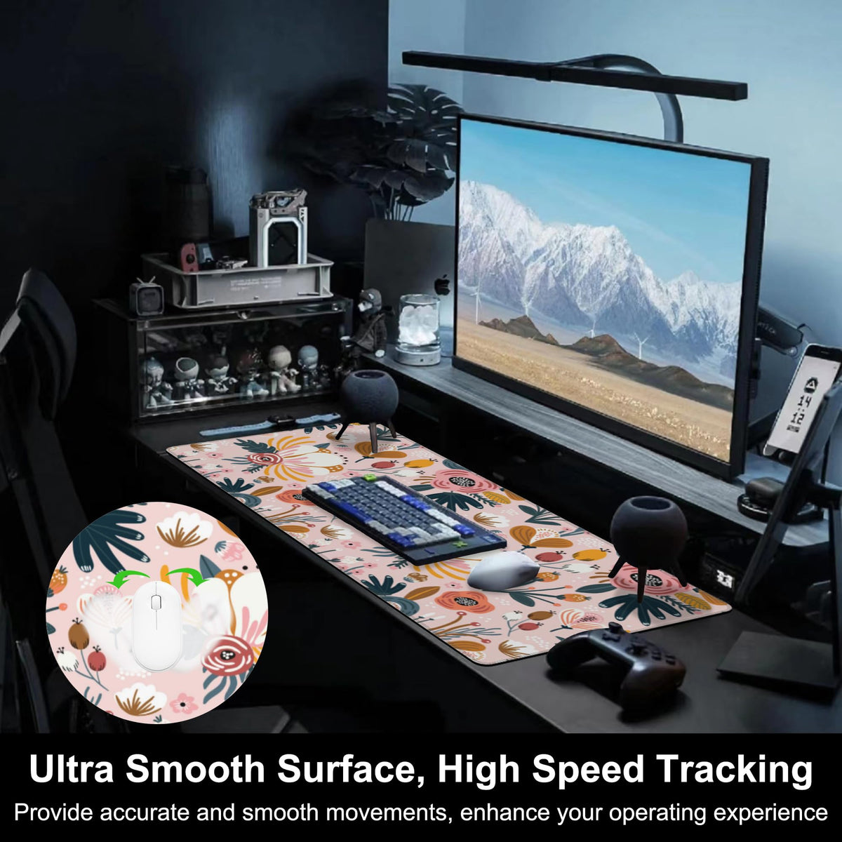 Mouse Pad, Large Colorful Flowers and Berries Desk Mat, Extended Non-Slip Gaming Keyboard Mousepad