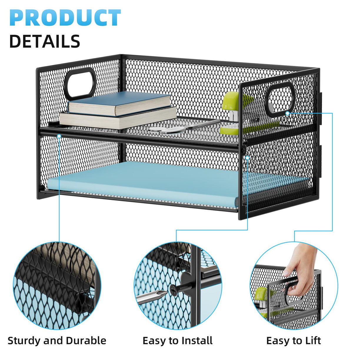 Marbrasse 2 Tier Paper Organizer Letter Tray, Mesh File Organizer with Handle, Paper Sorter Desk