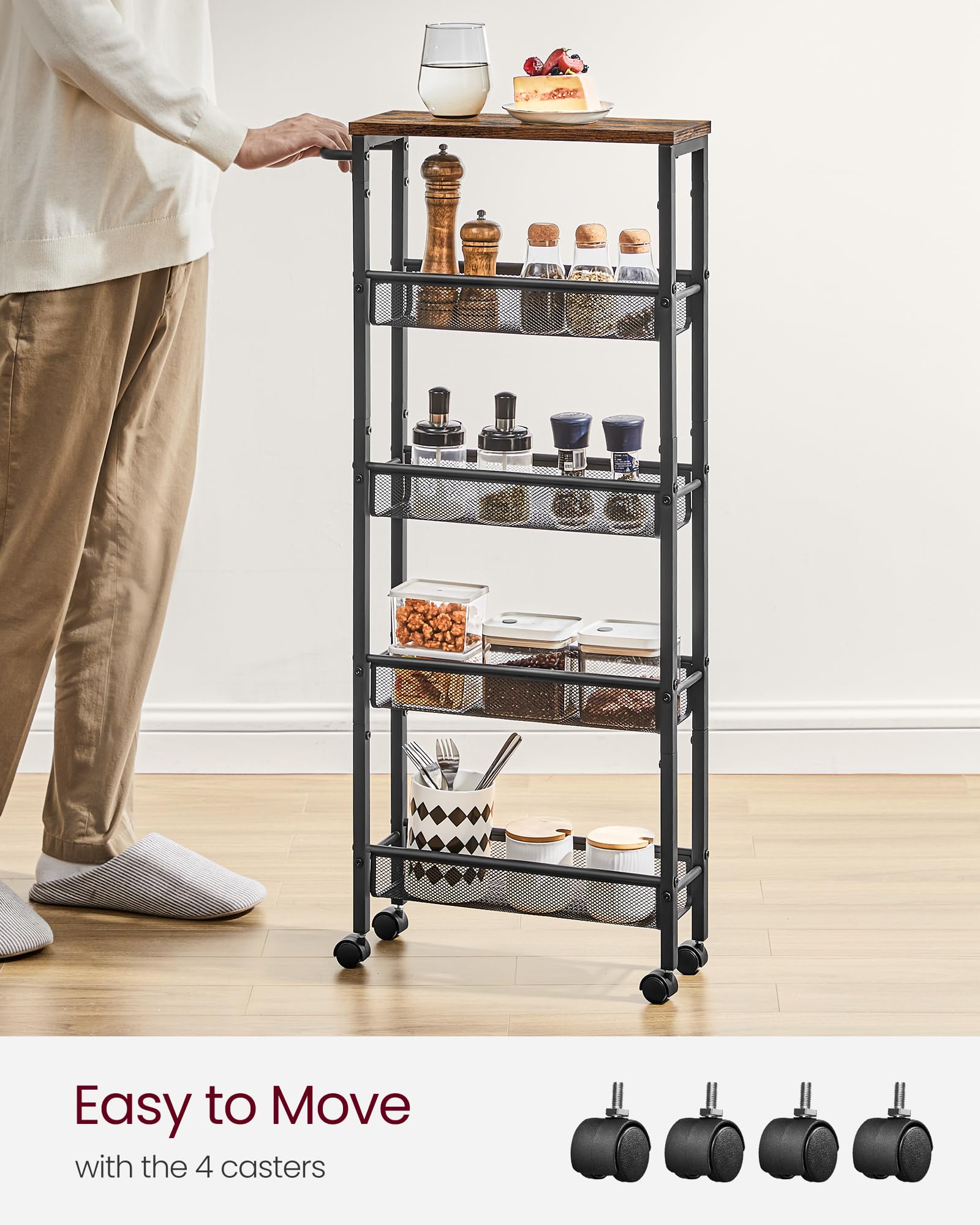 VASAGLE 5-Tier Slim Rolling Storage cart with Wheels, 5.1 Inches, Metal