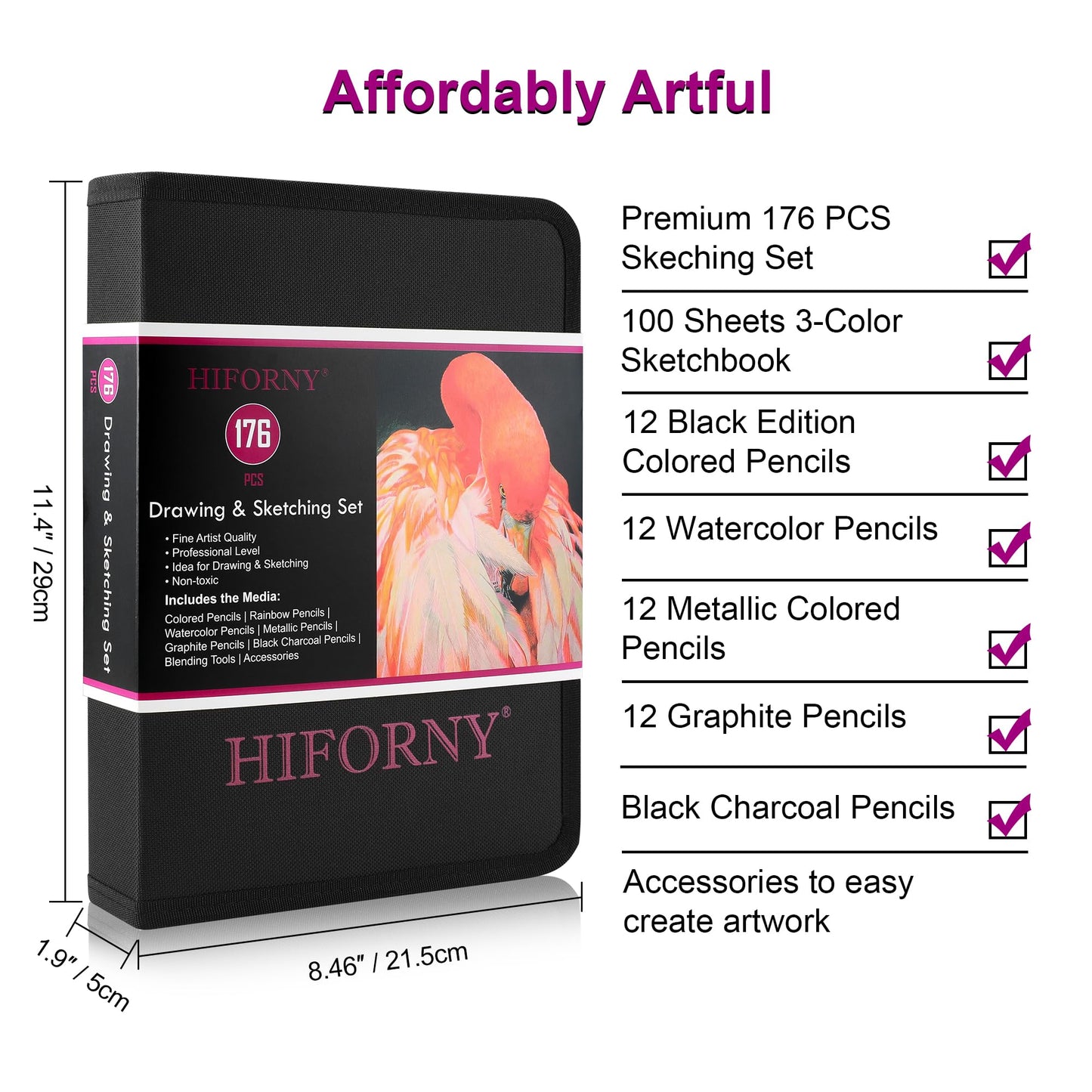 HIFORNY 176 PCS Art Supplies Drawing Set Sketching Kit with 100 Sheets 3-Color Sketchbook,Graphite