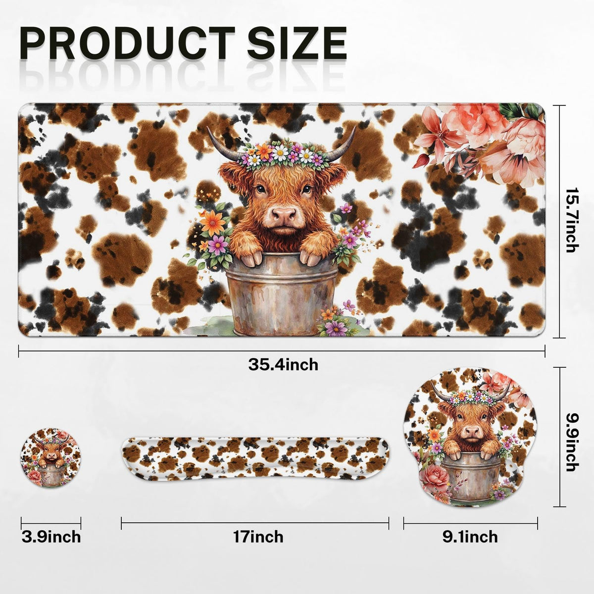 Arttown Keyboard Mouse Pad Set, 4 in 1 Desk Mat Set Highland Cow