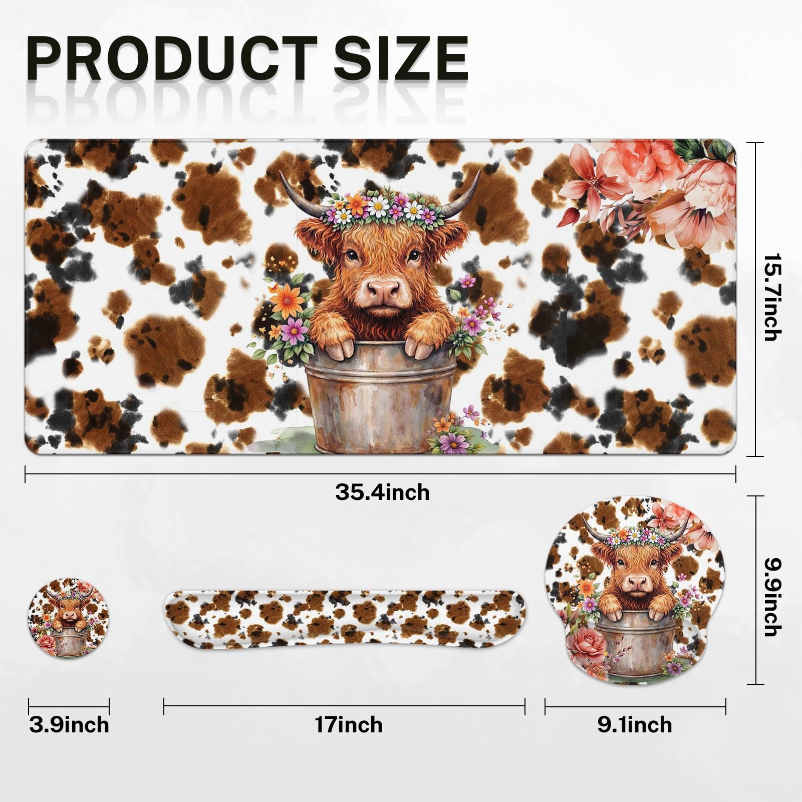 Arttown Keyboard Mouse Pad Set, 4 in 1 Desk Mat Set Highland Cow