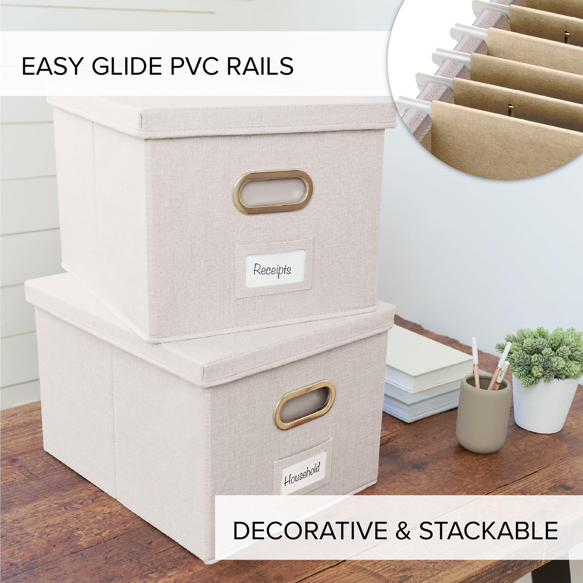 Decorative File Organizer Box Set of 2 - Collapsible Linen Filing Cabinets