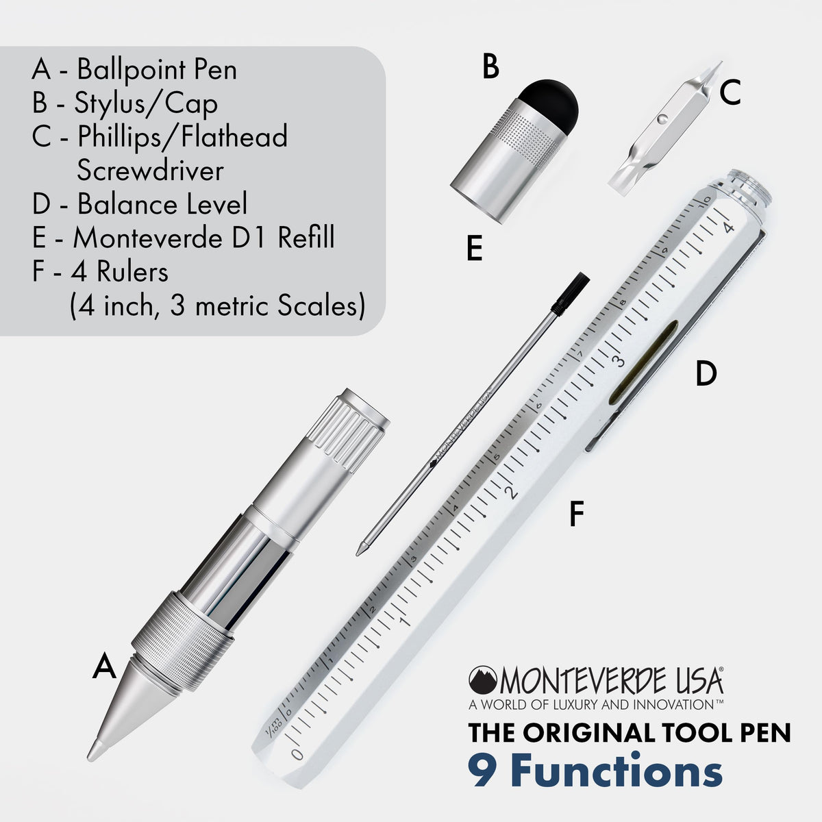 Monteverde USA 9-in-1 Tool Ballpoint Pen in Silver – Multifunctional Pen with Stylus, Screwdrivers