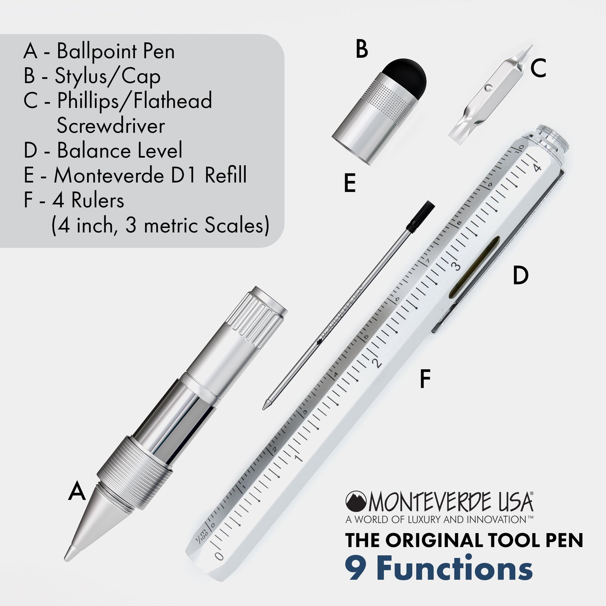 Monteverde USA 9-in-1 Tool Ballpoint Pen in Silver – Multifunctional Pen with Stylus, Screwdrivers
