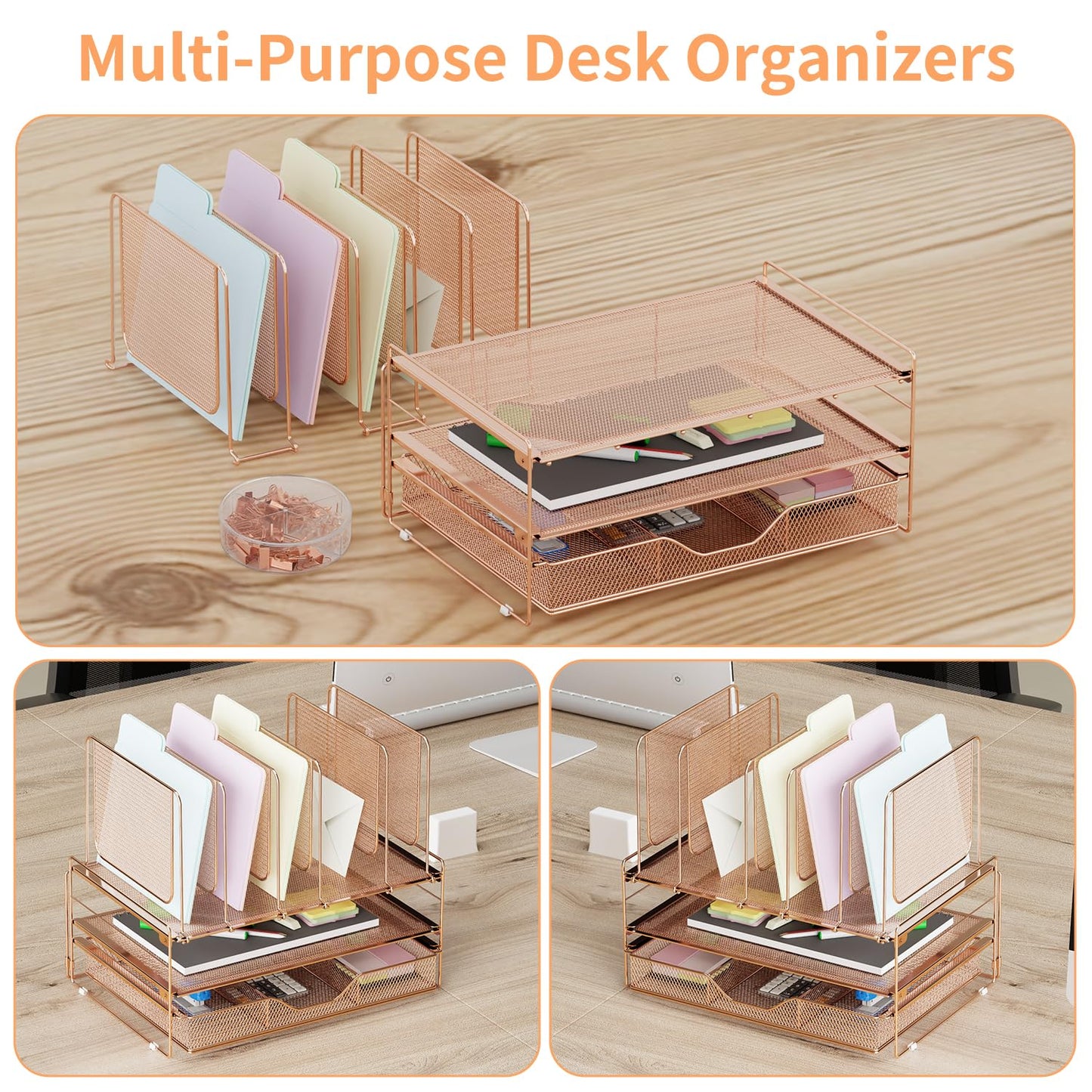 LEKETREE Rose Gold Desk Organizer, Office Organization with Vertical File Holder, File Organizer