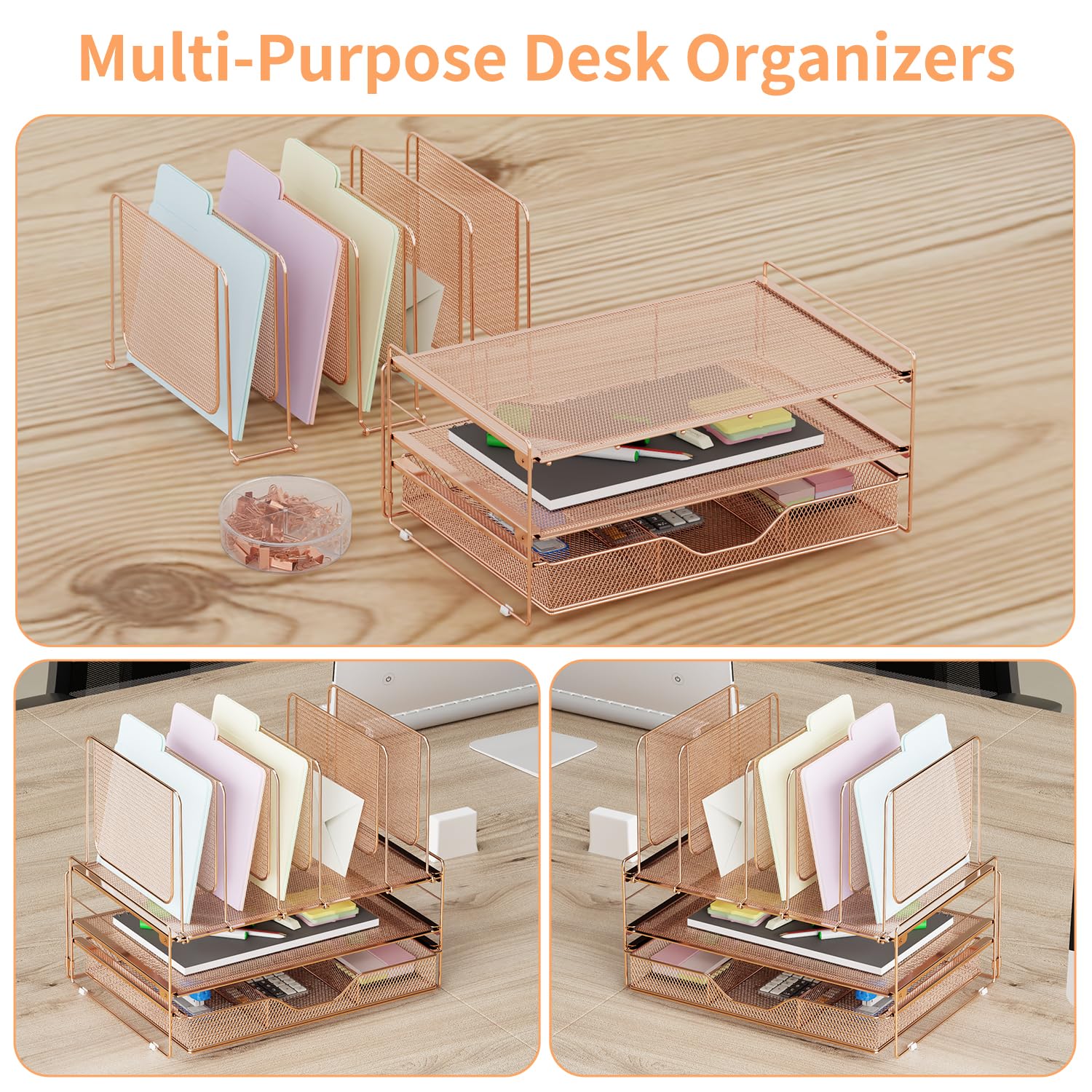 LEKETREE Rose Gold Desk Organizer, Office Organization with Vertical File Holder, File Organizer