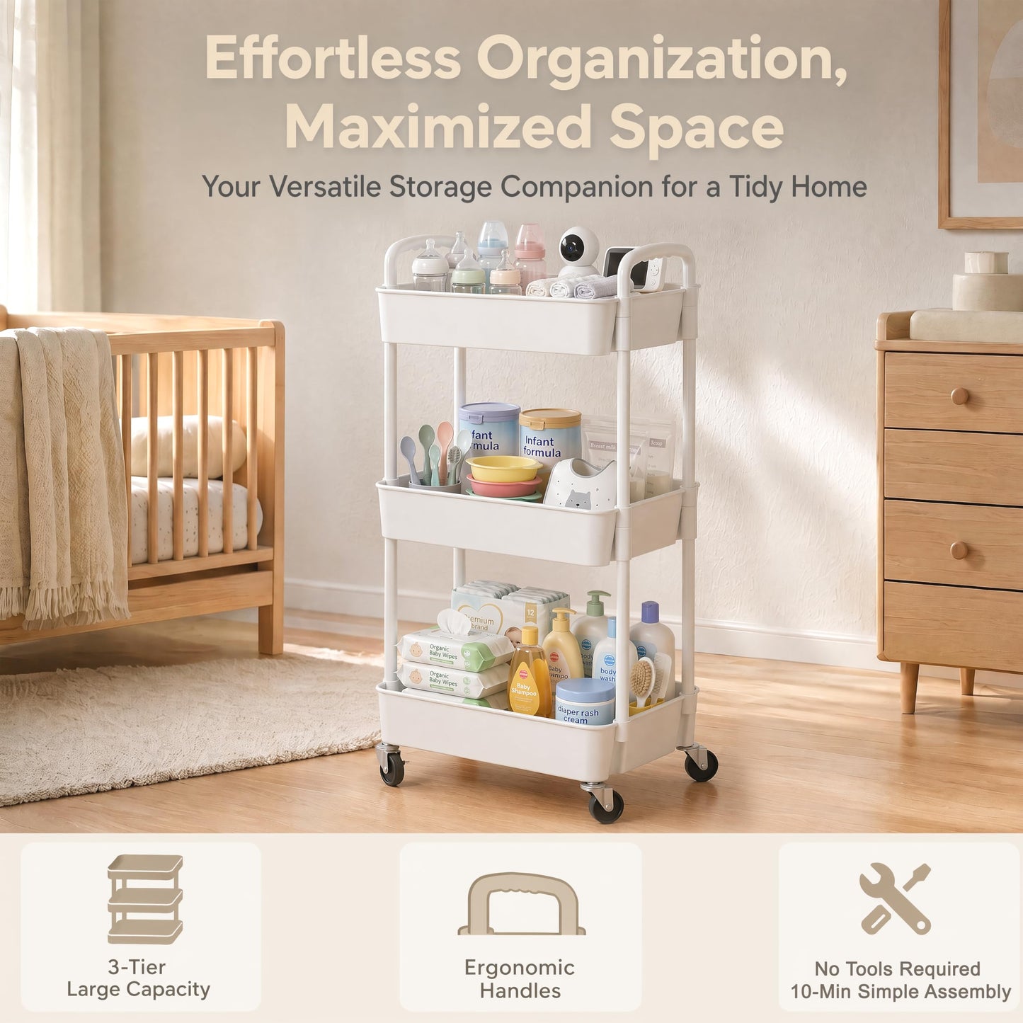 3 Tier Rolling Cart with Wheels, Utility Storage Carts,White