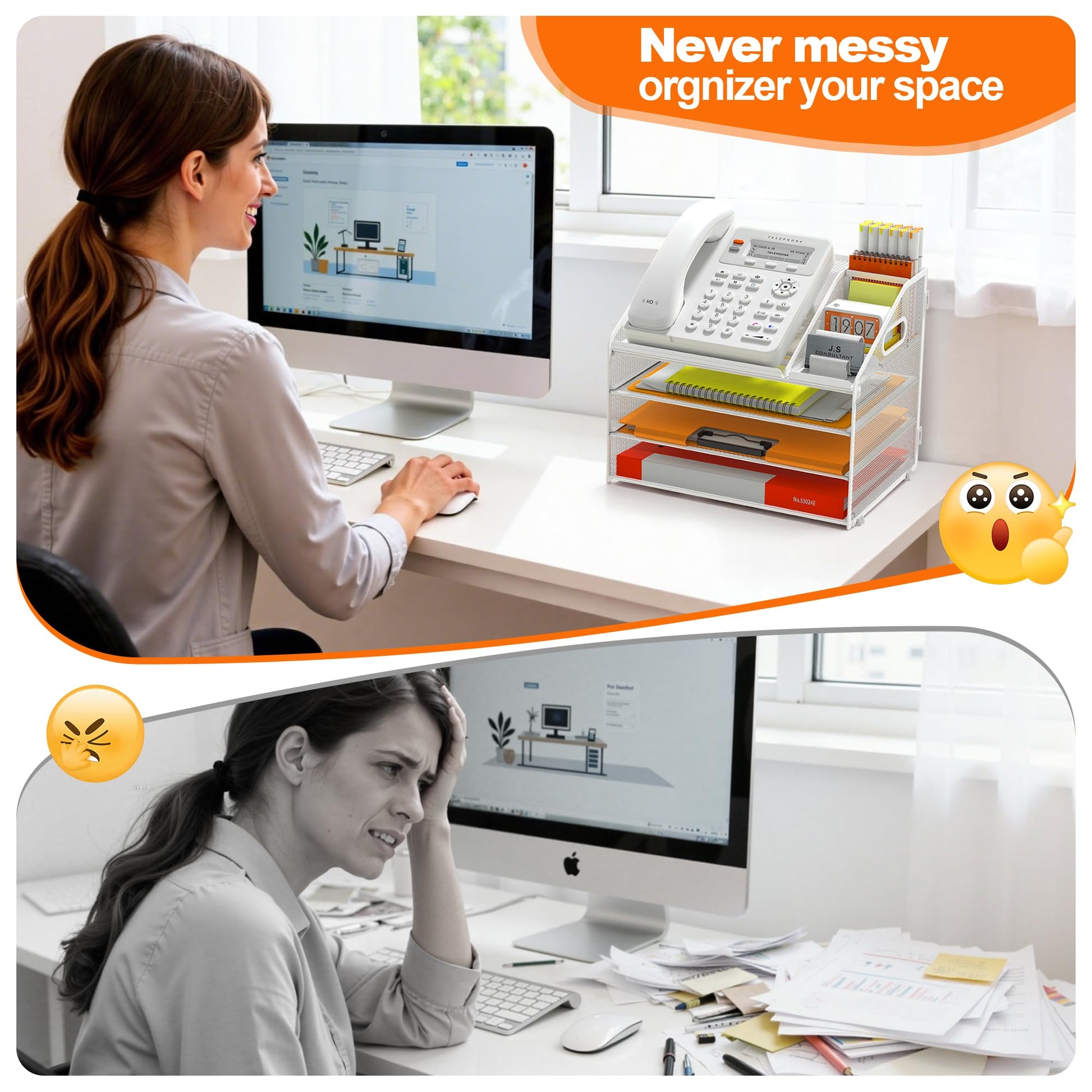 DocNest 4 Tier Metal Mesh Desk File Organizer with Phone Shelf, White