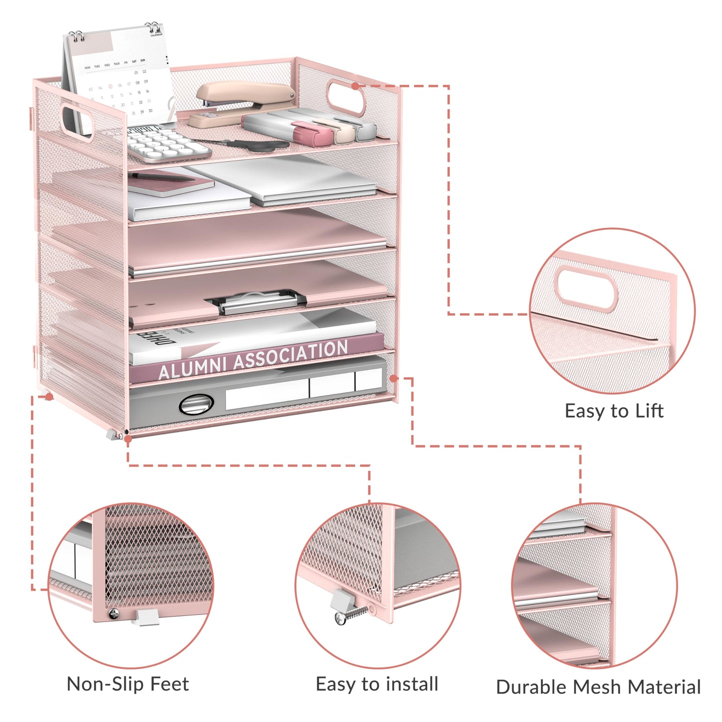 Daltack 6-Tier Paper Organizer for Desk with Handle, Pink