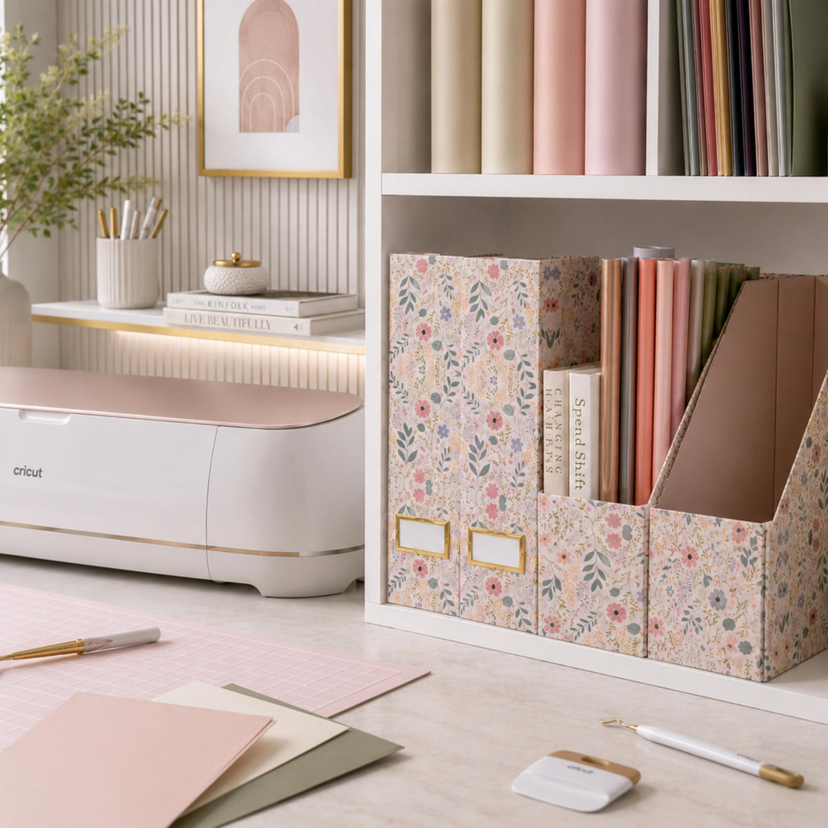 BLU MONACO | Cardboard Magazine File Holder Set of 4 | Standing File Holder with Floral Boho Design