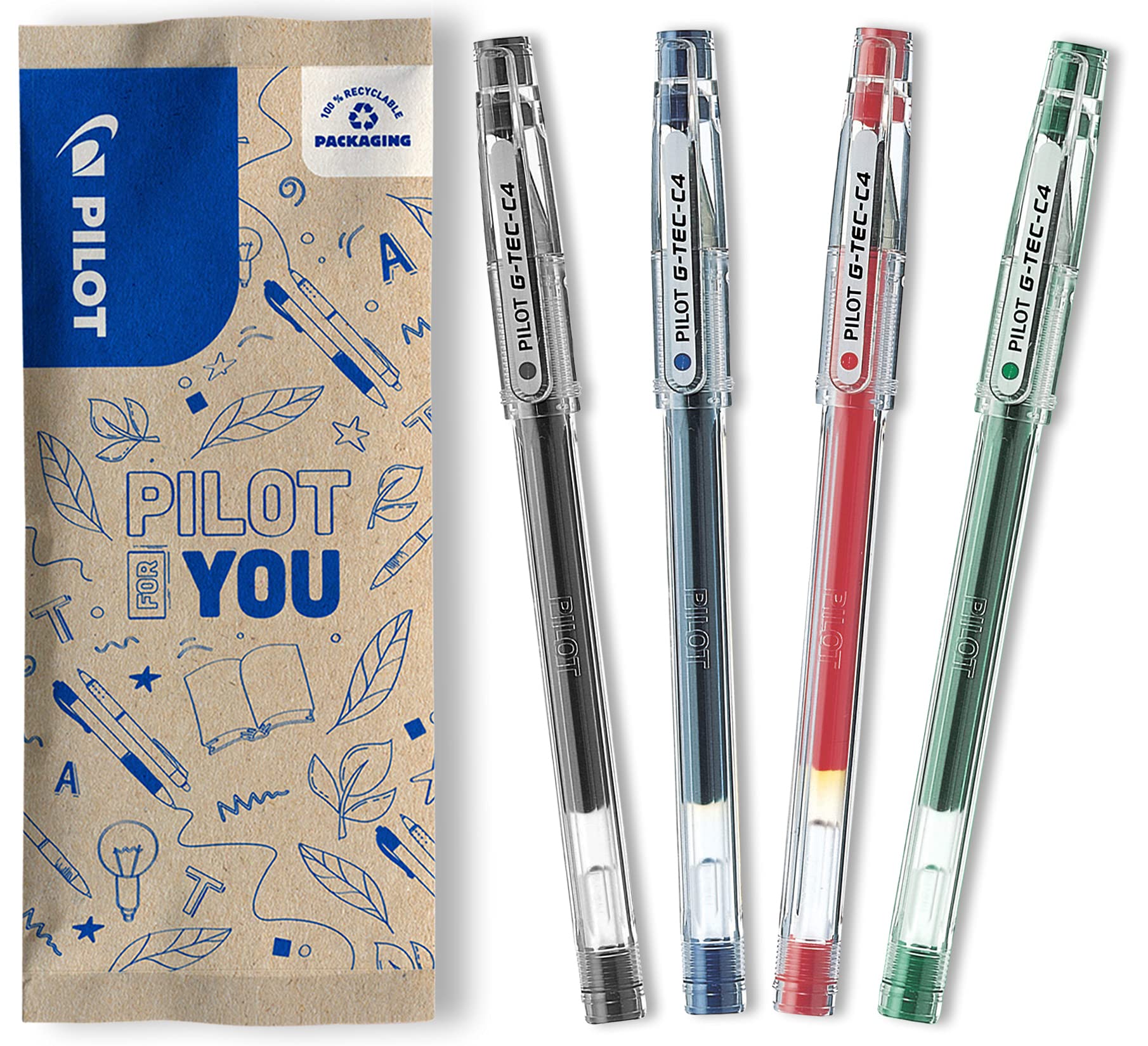 Pilot 0.4 mm C4 Gtec Gel Rollerball Tip - Black/Blue/Red/Green (Pack of 4)